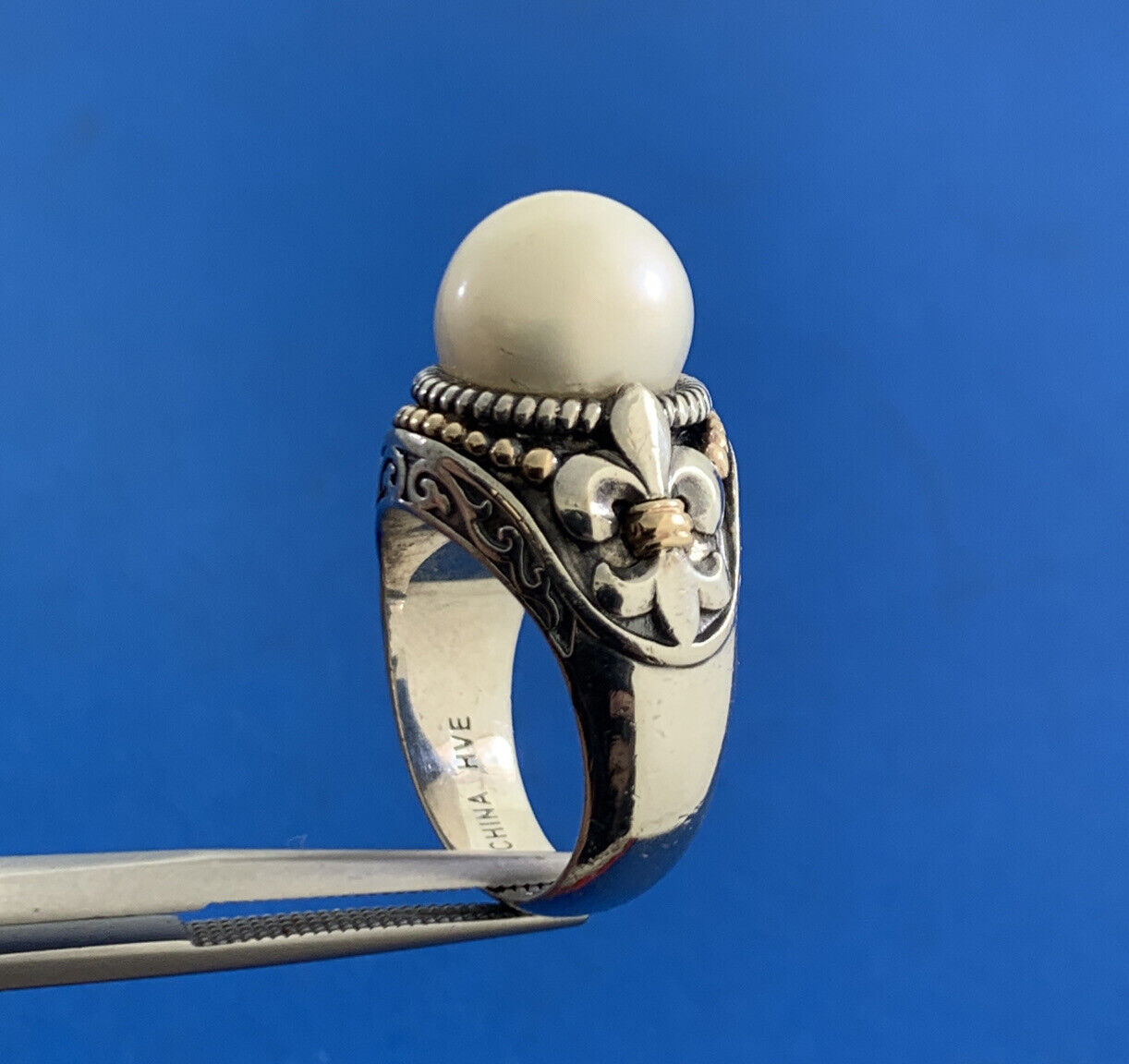 Designer 925 Sterling Silver 14K Yellow Gold Pearl Fleur De Lis Statement Ring