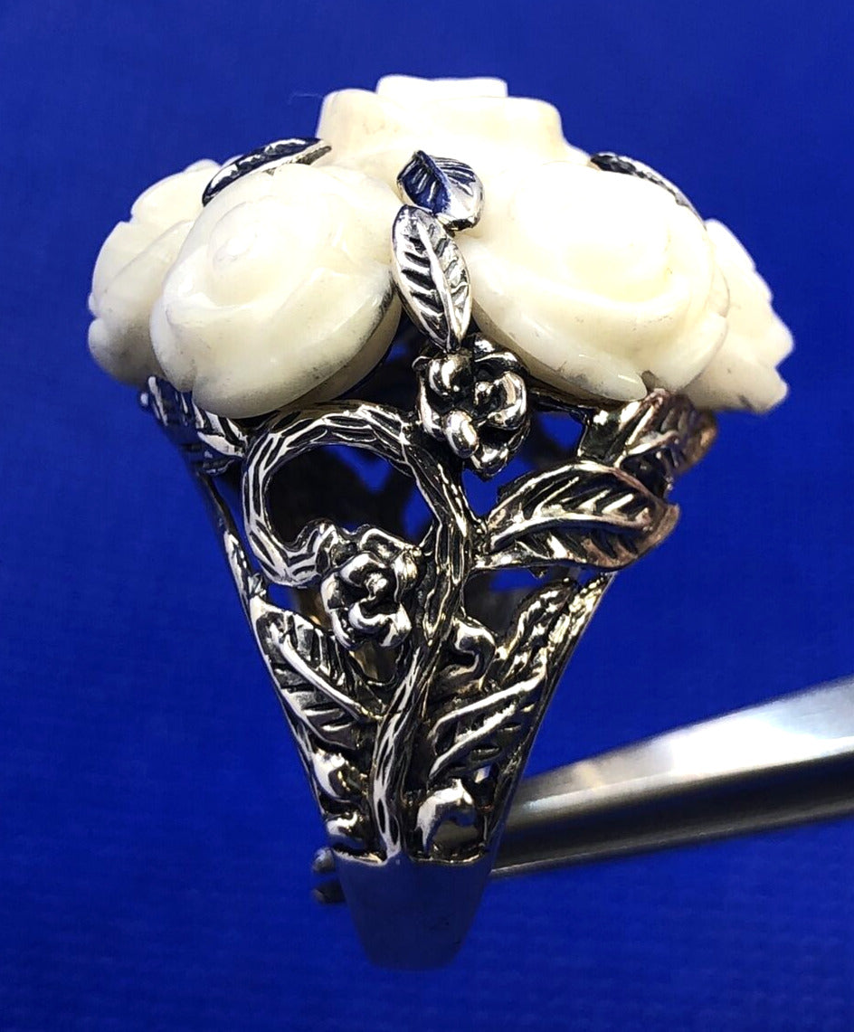 Designer SX 925 Sterling Silver Carved White Resin Rose Bouquet Cocktail Ring