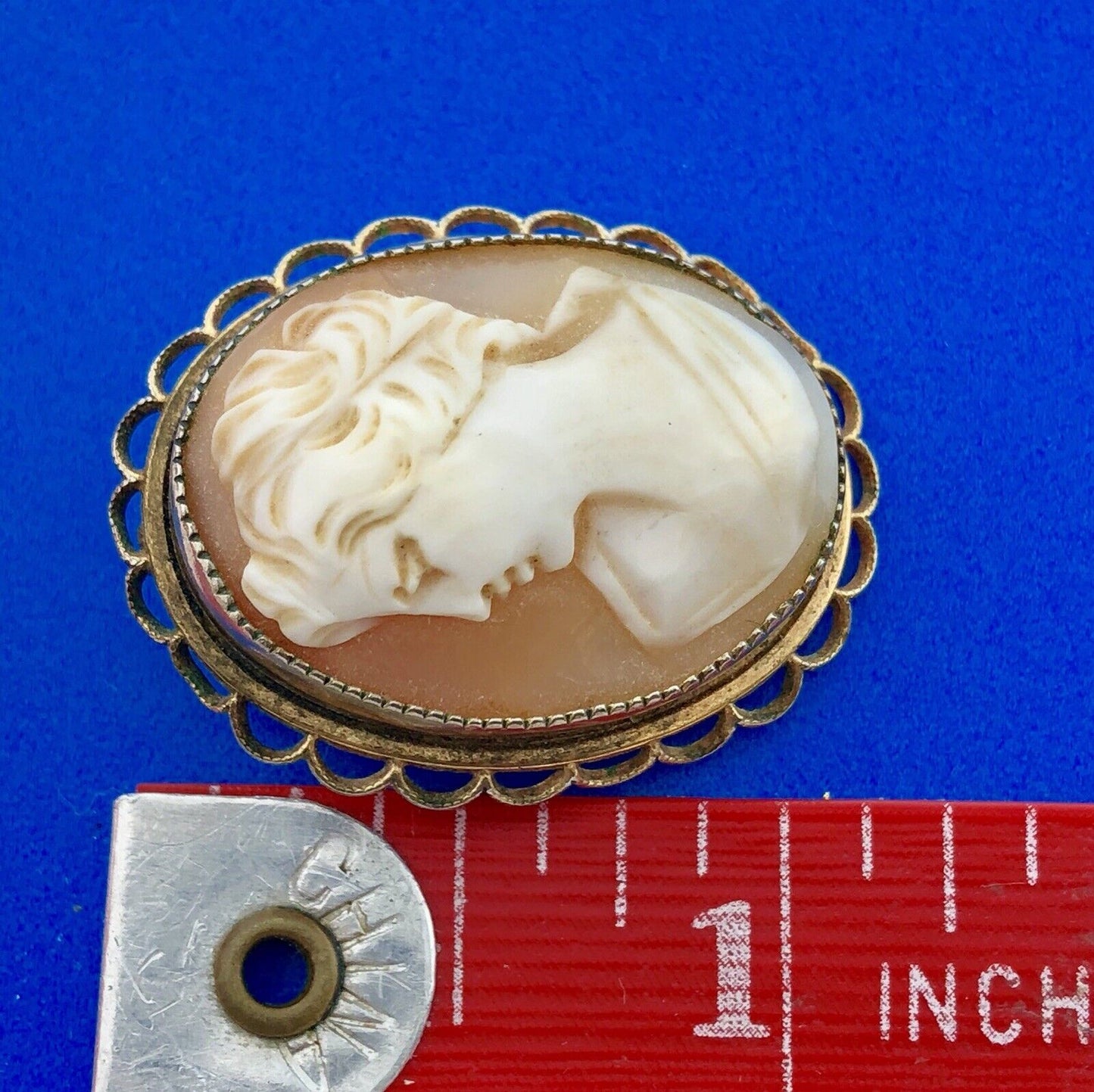 Vintage AMCO 14K Yellow Gold Filled Carved Shell Cameo Ornate Pin Brooch Pendant