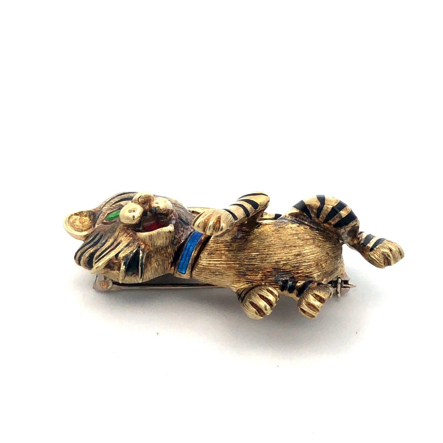 Vintage Martine 14k Yellow Gold Enamel Tiger Cat Brooch Pin Pendant
