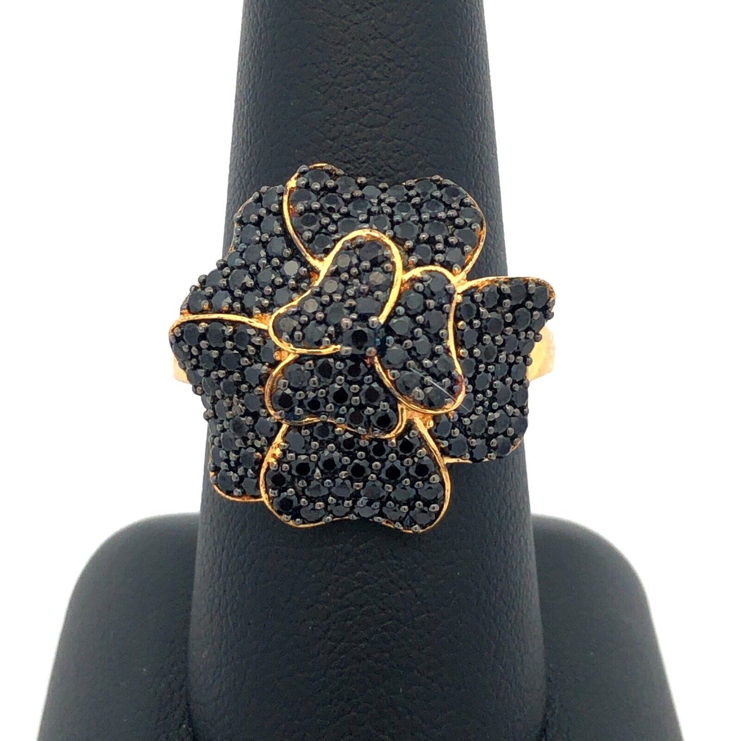 Designer TGGC Sterling Silver Gold Vermeil Black Spinel Flower Statement Ring