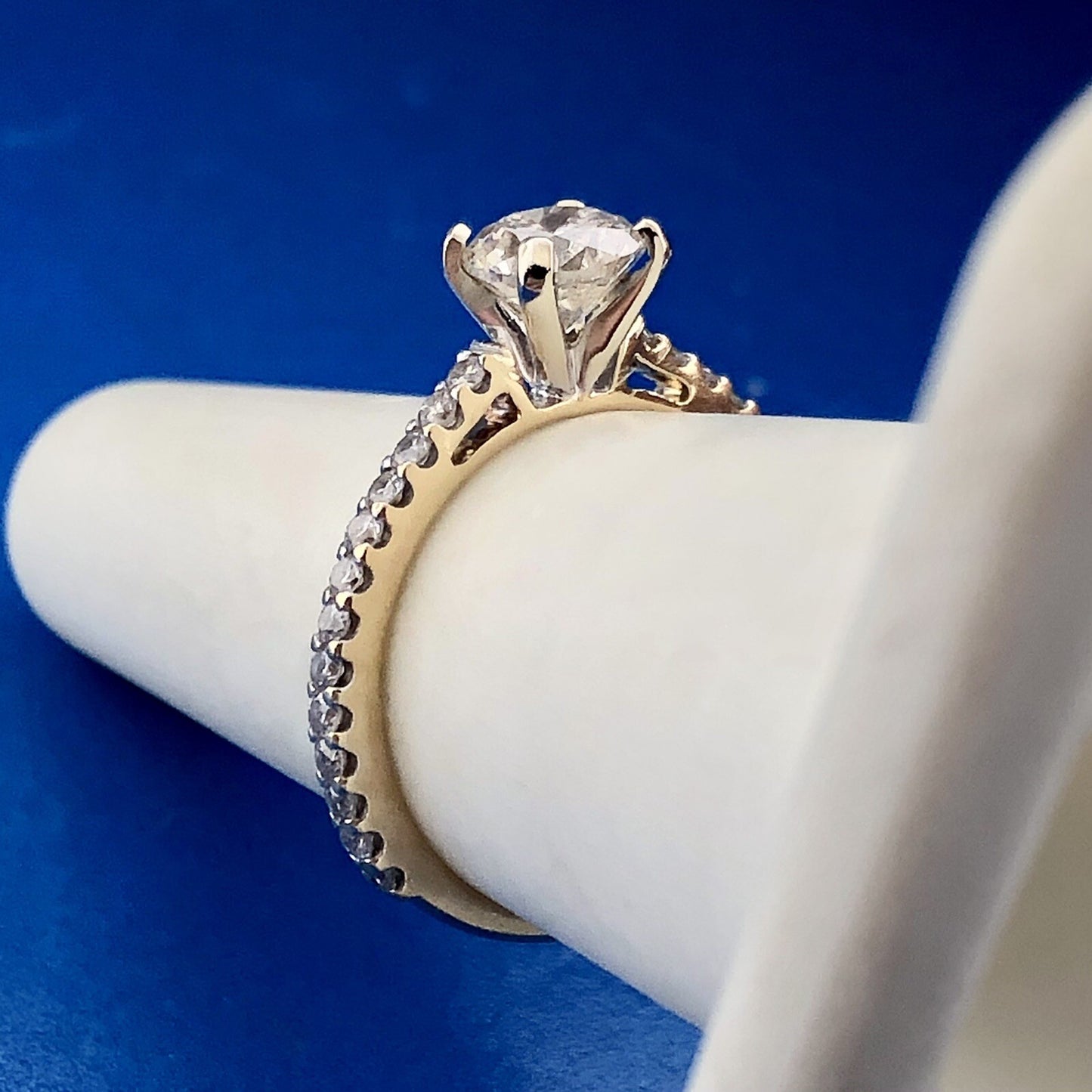 Designer 14K Yellow Gold Round Diamond Solitaire Accented Engagement Ring
