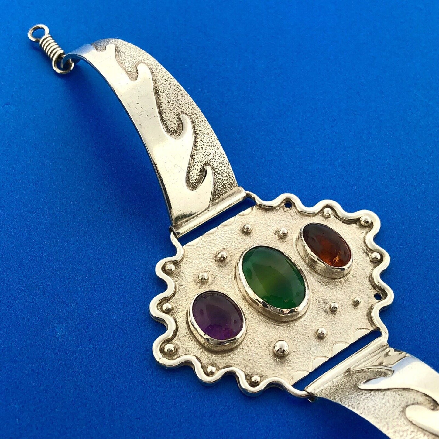 Native American Sterling Silver Amber Amethyst Green Tourmaline Cuff Bracelet