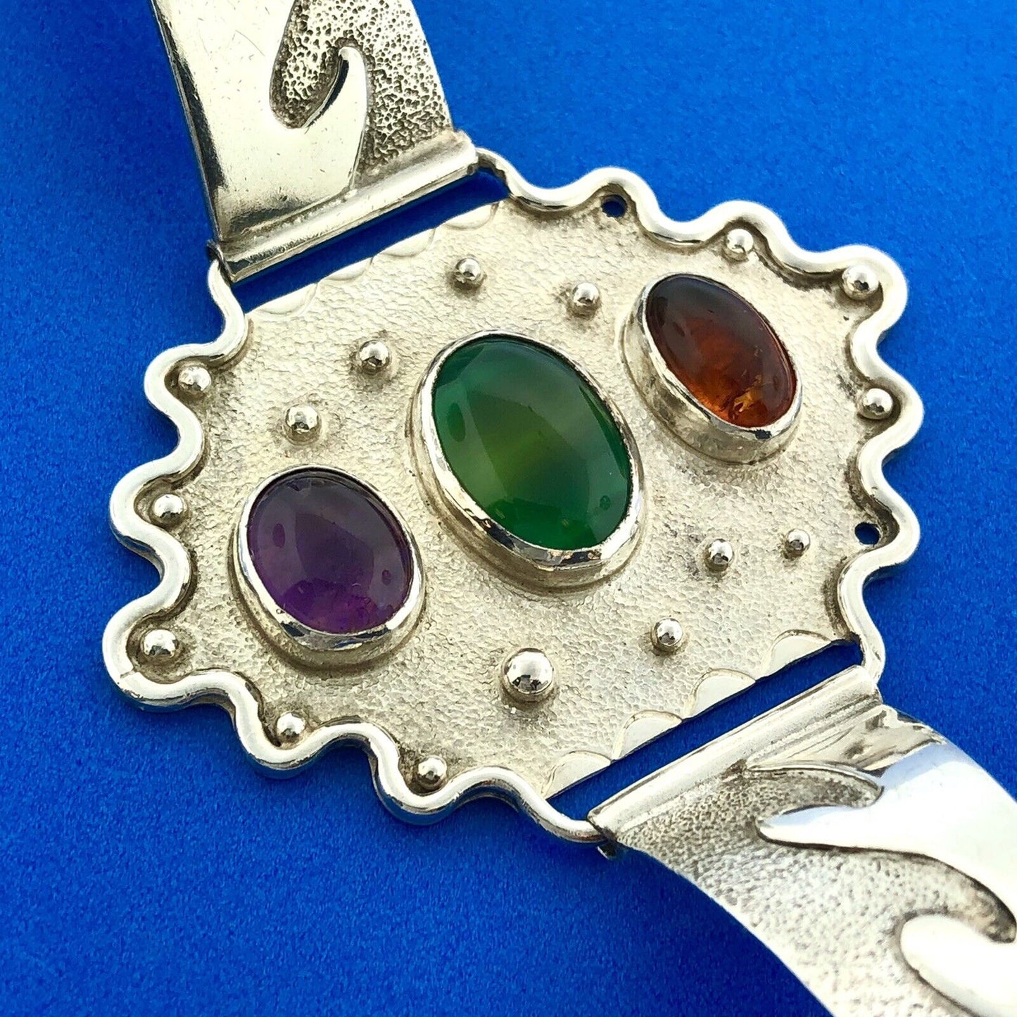 Native American Sterling Silver Amber Amethyst Green Tourmaline Cuff Bracelet