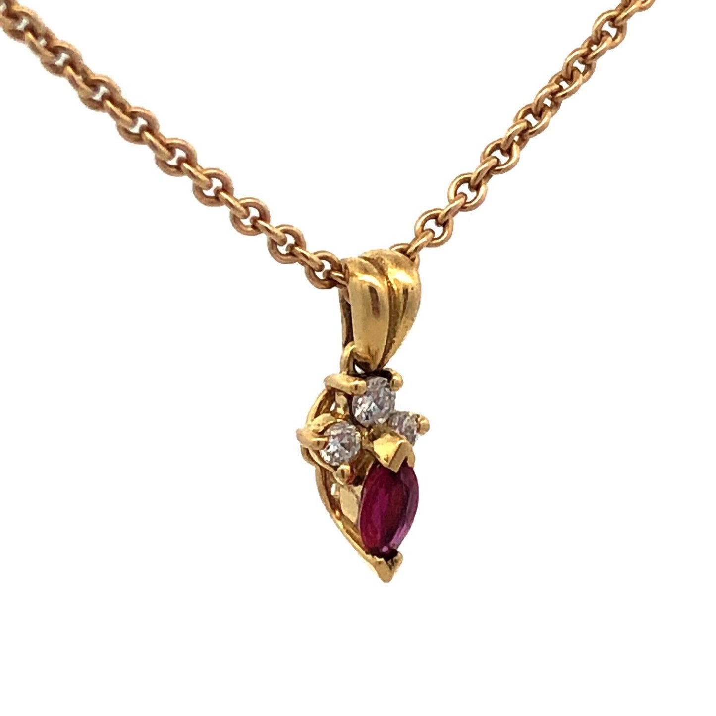 Estate 14K Yellow Gold Marquise Ruby Diamond Accented Pendant Chain Necklace