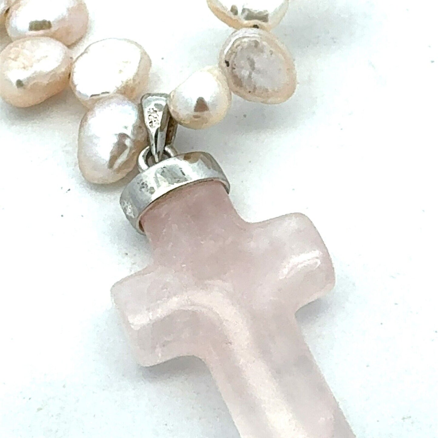 Estate 925 Sterling Silver Pink Rose Quartz Cross Charm Pearl Beaded Bracelet
