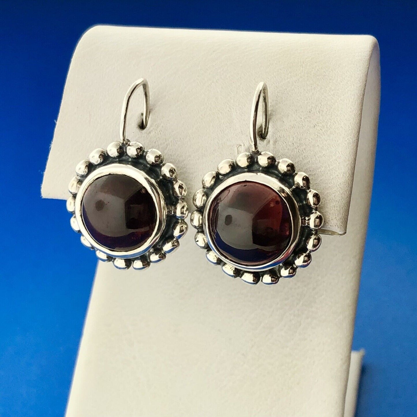 Modernist Sterling Silver Garnet Cabochon Beaded Halo January Occasion Earrings