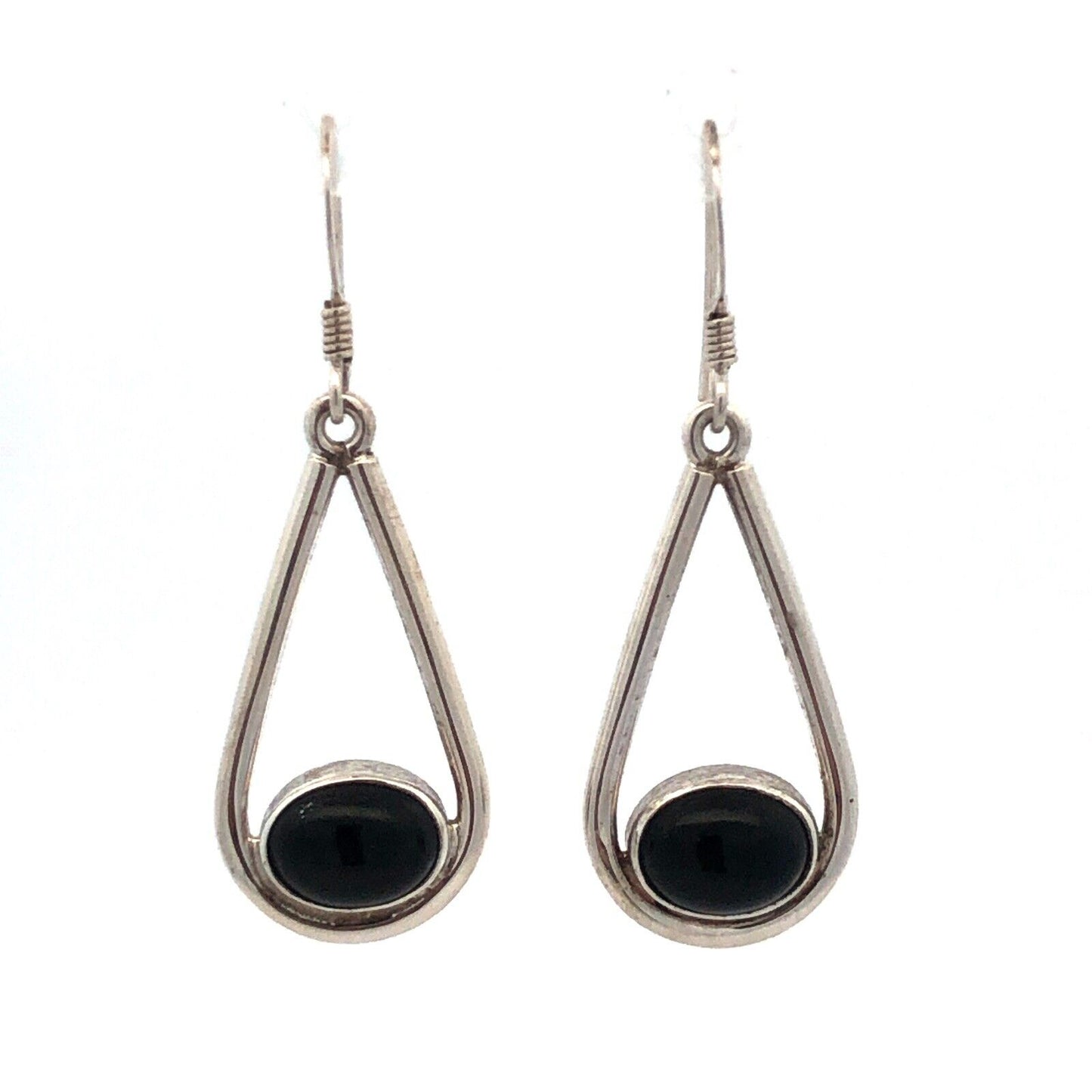 Native American RLH 925 Sterling Silver Oval Black Onyx Hook Dangle Earrings