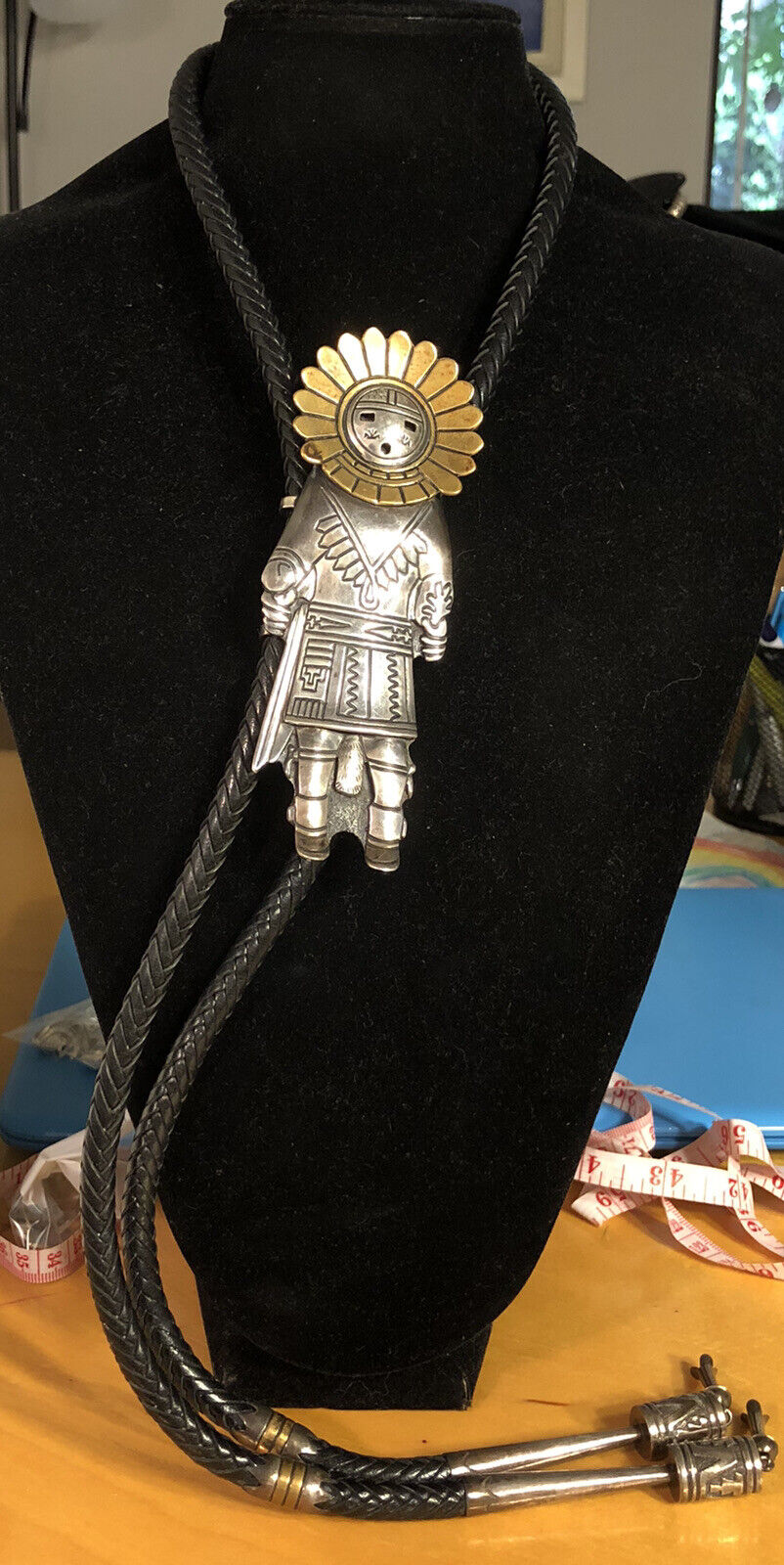 Native American Thomas Singer 925 Sterling Silver Dancer Black Leather Bolo Tie