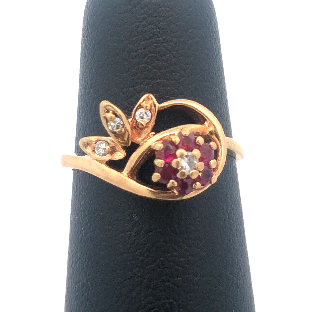 Vintage 10K Yellow Gold Ruby Diamond Free Form Rose Floral July Occasion Ring