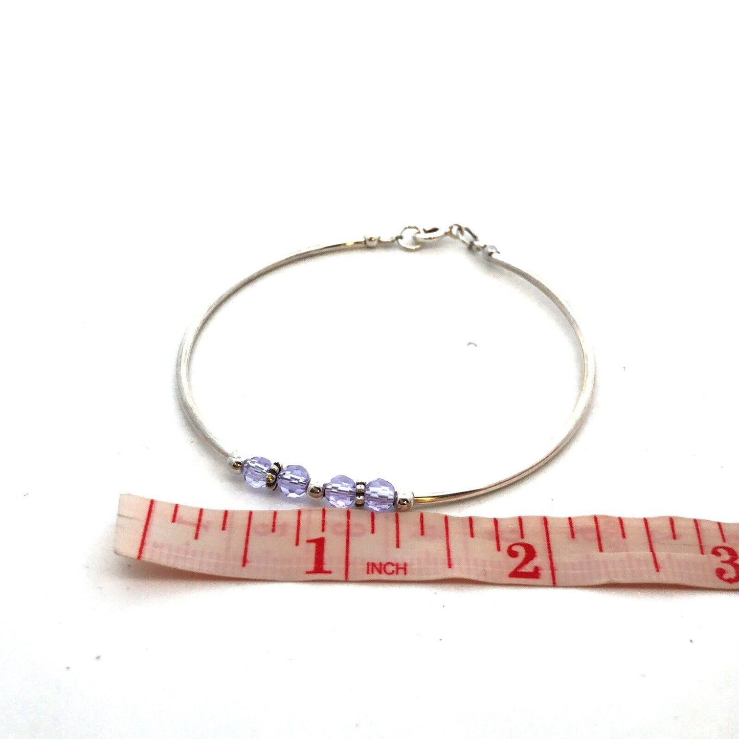 925 Sterling Silver Purple Crystal Beaded Round Bangle Bracelet