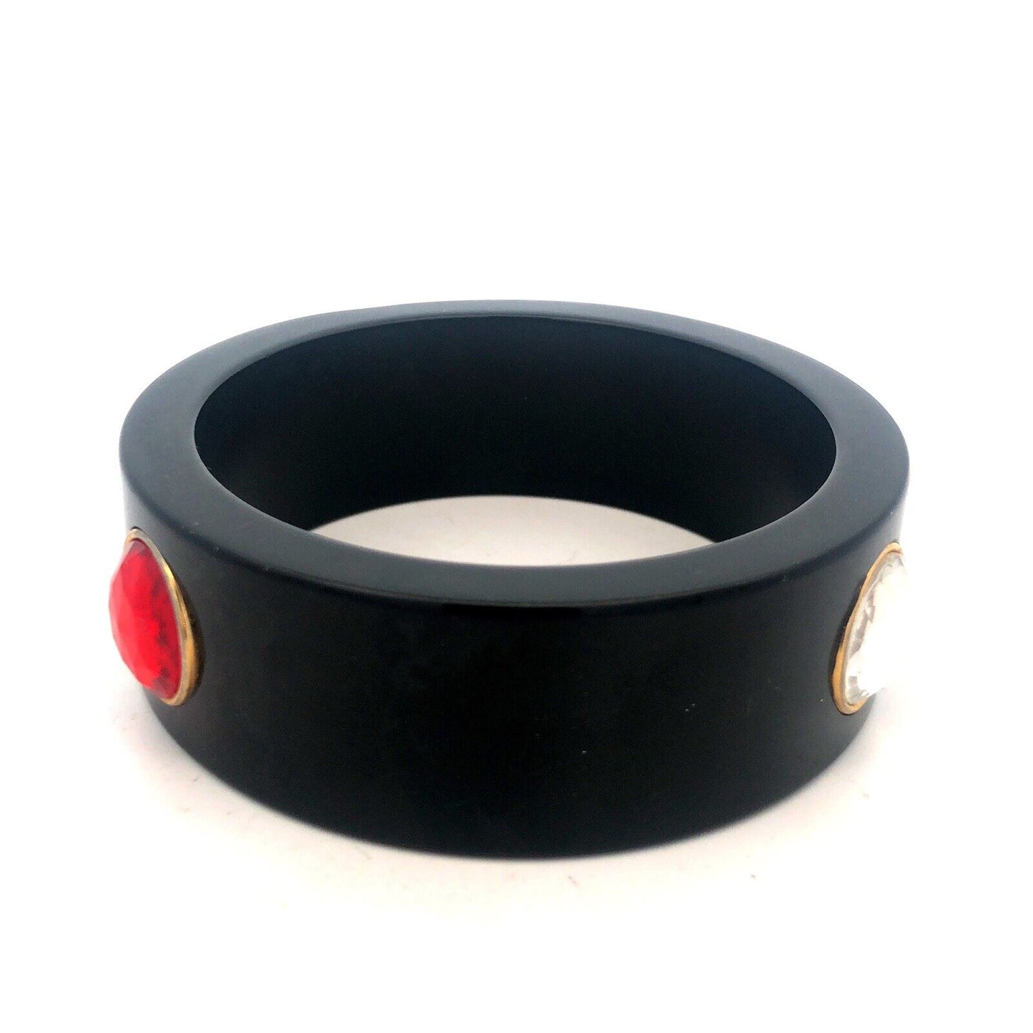 1980's Black Laquer Plastic Red White Green Jewelled Statement Bangle Bracelet