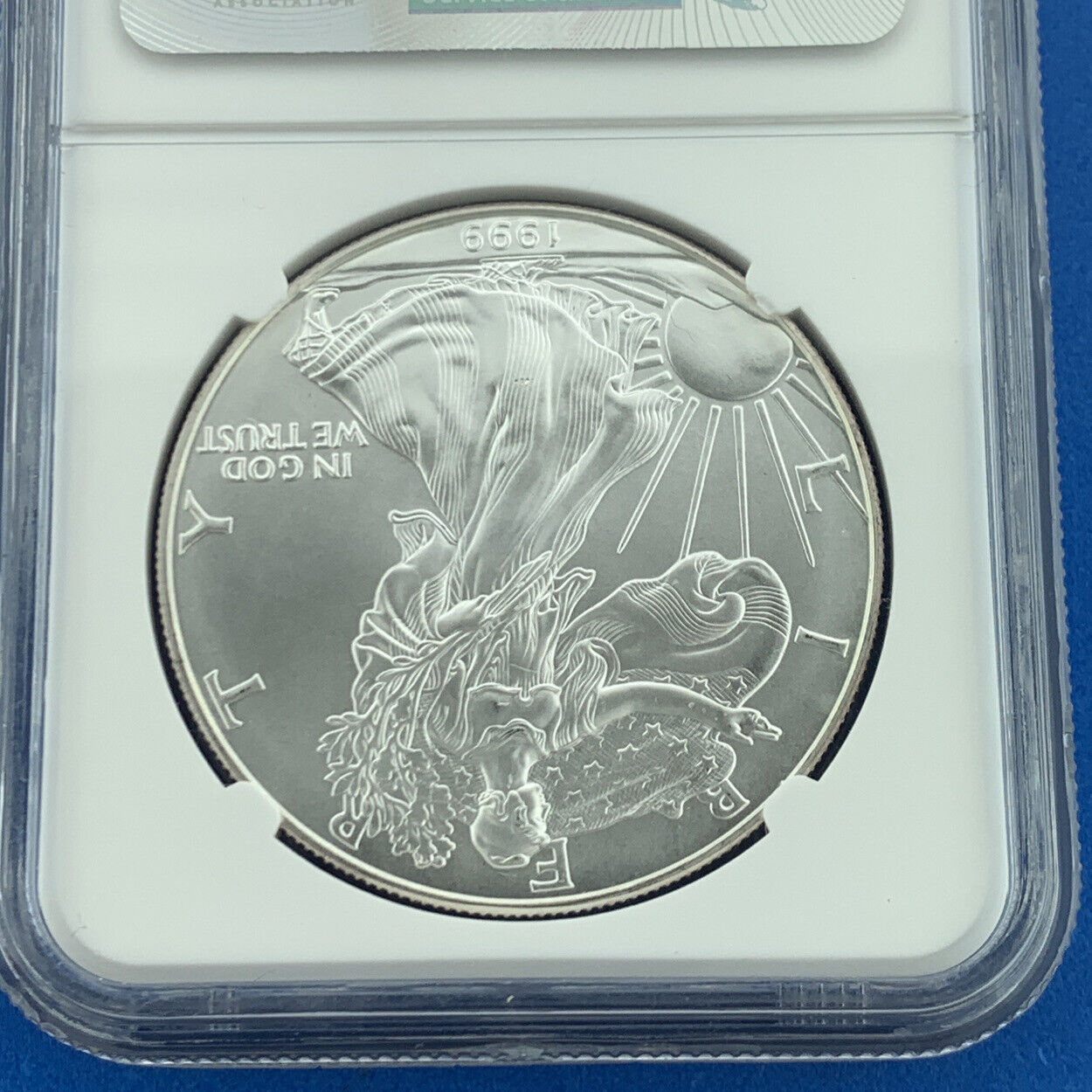 1999 $1 American .999 Silver Eagle Reverse Struck Thru Mint Error NGC MS69 Coin