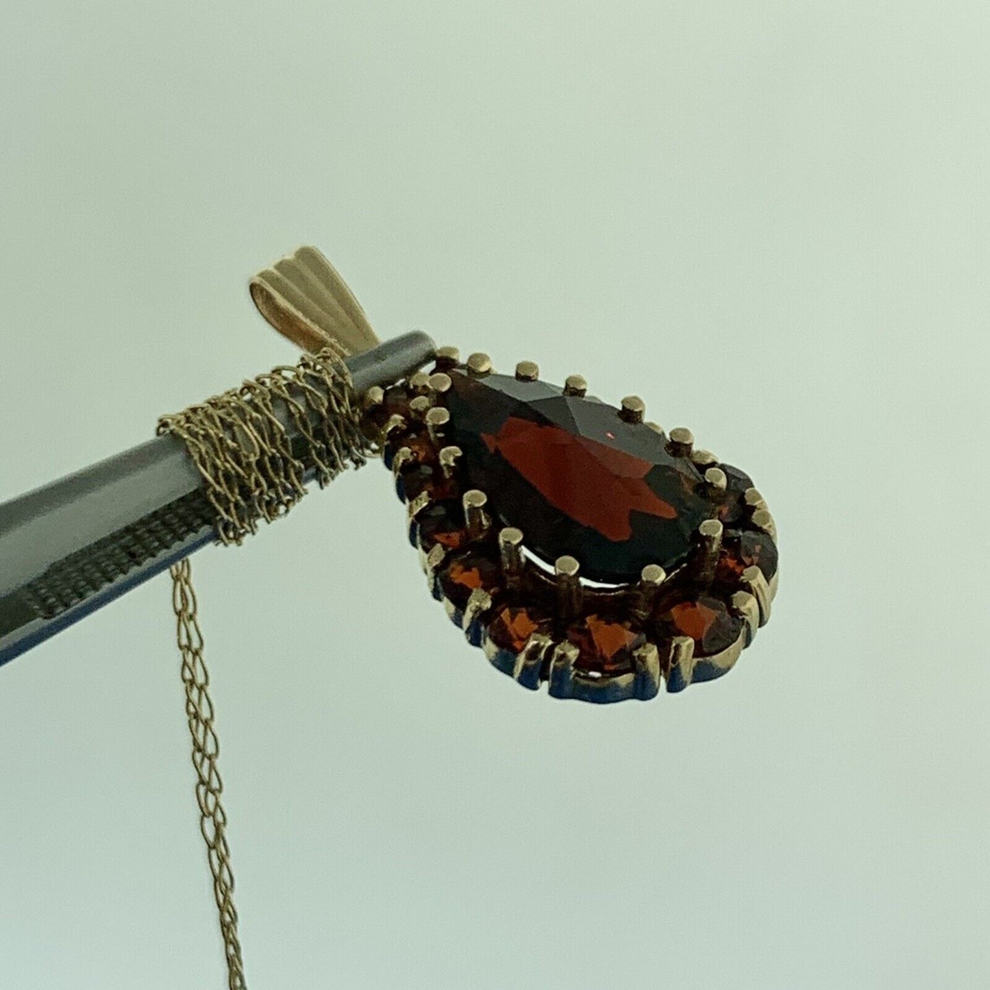Vintage 14K Yellow Gold Pear Garnet Solitaire w/Halo January Pendant Necklace