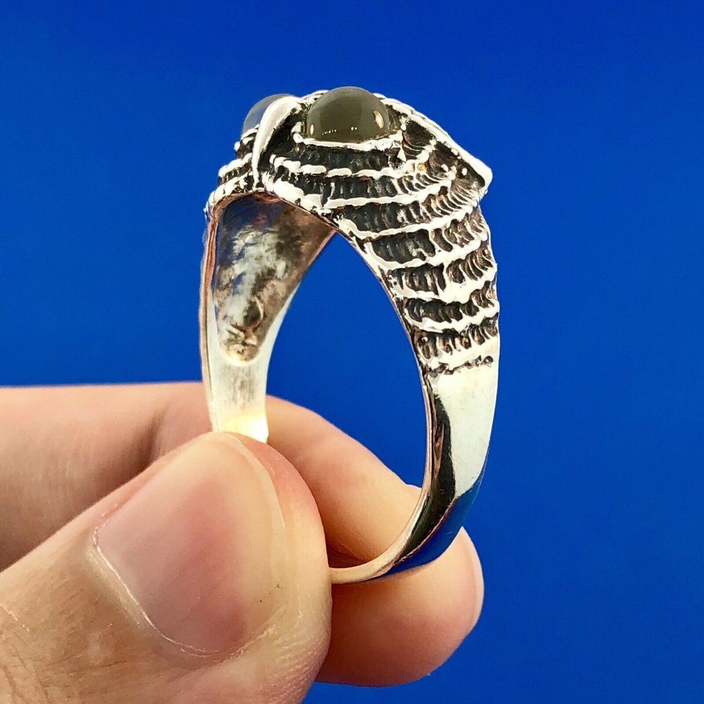 Artisan Sterling Silver Mens Moonstone Owl Textured Wisdom Prophecy Dome Ring