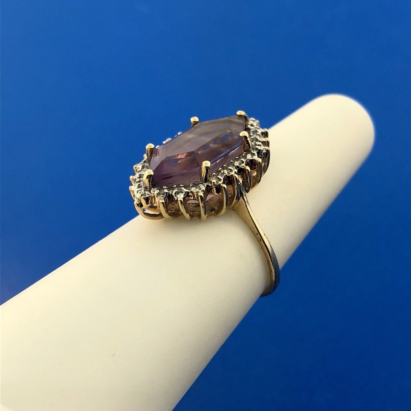 Estate 14K Yellow Gold Amethyst Diamond Halo February Anniversary Occasion Ring