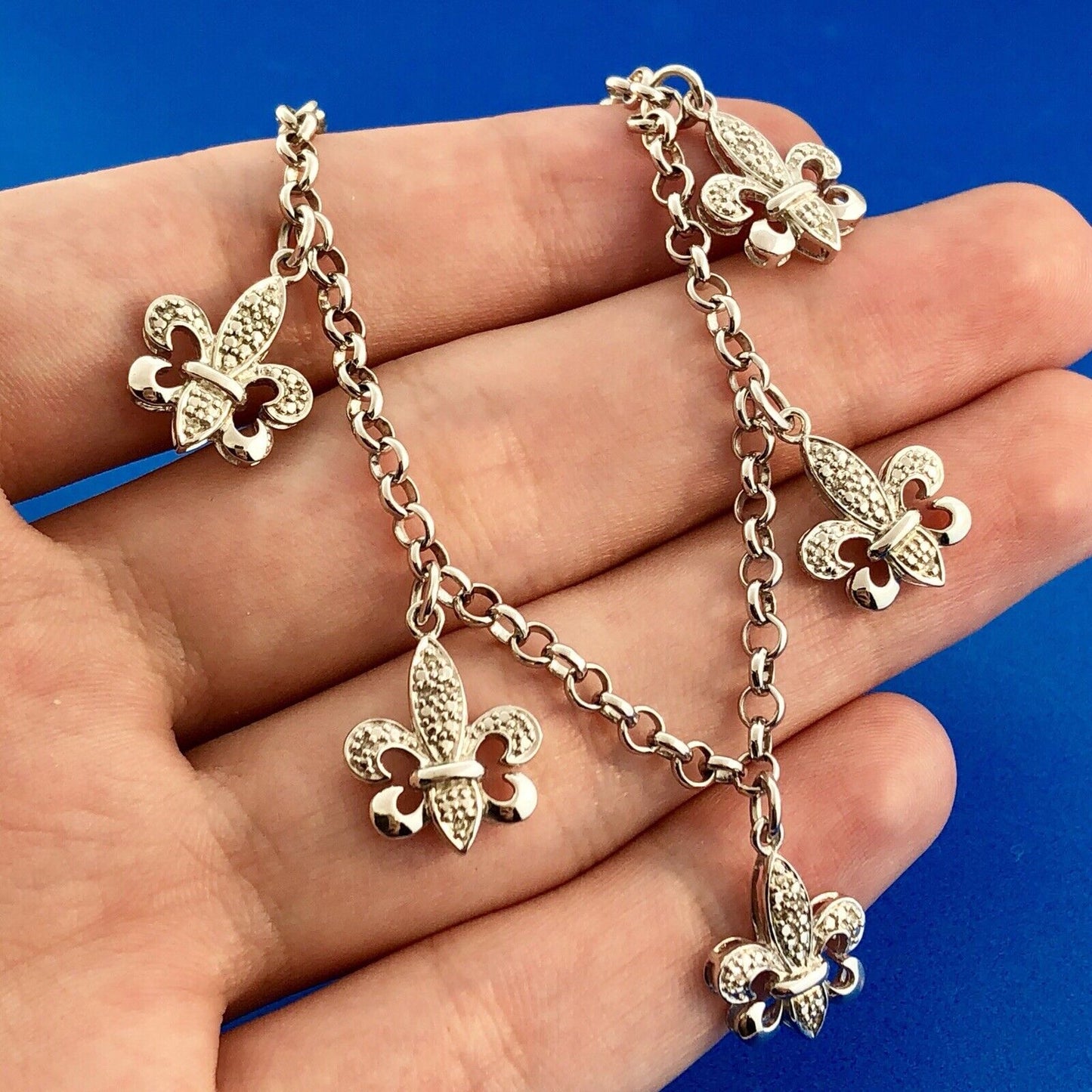 Designer Sterling Silver 925 Diamond Fleur De Lis Six Dangle Charm Bracelet