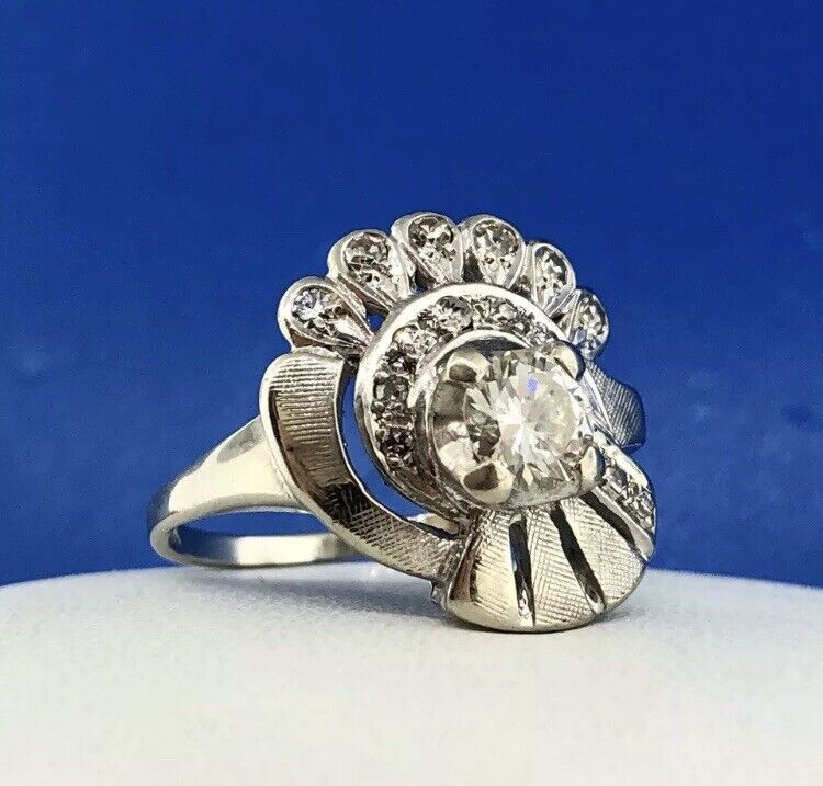 Art Deco 14K White Gold Diamond Solitaire Accents Free Form Engagement Ring