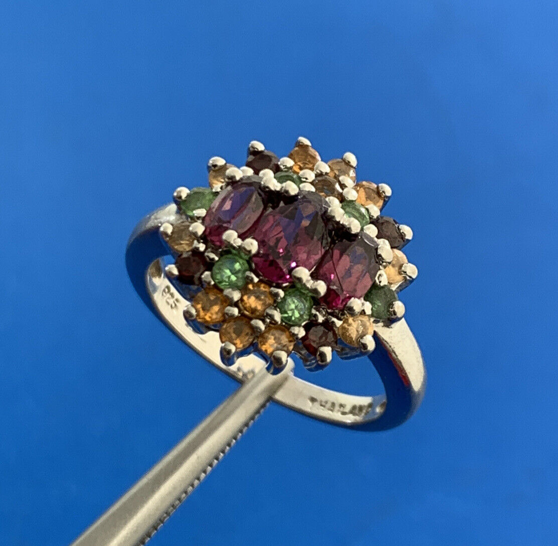 Designer 925 Sterling Silver Mixed Gemstone Floral Cluster Cocktail Ring