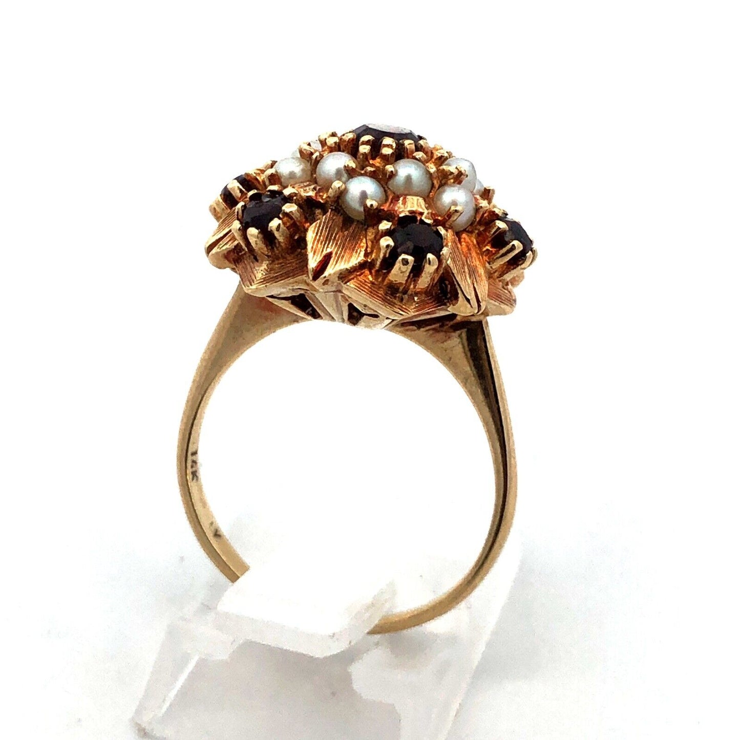 Designer 14k Yellow Gold Round Garnet Pearl Hexagon Cluster Dome Size 6.5 Ring