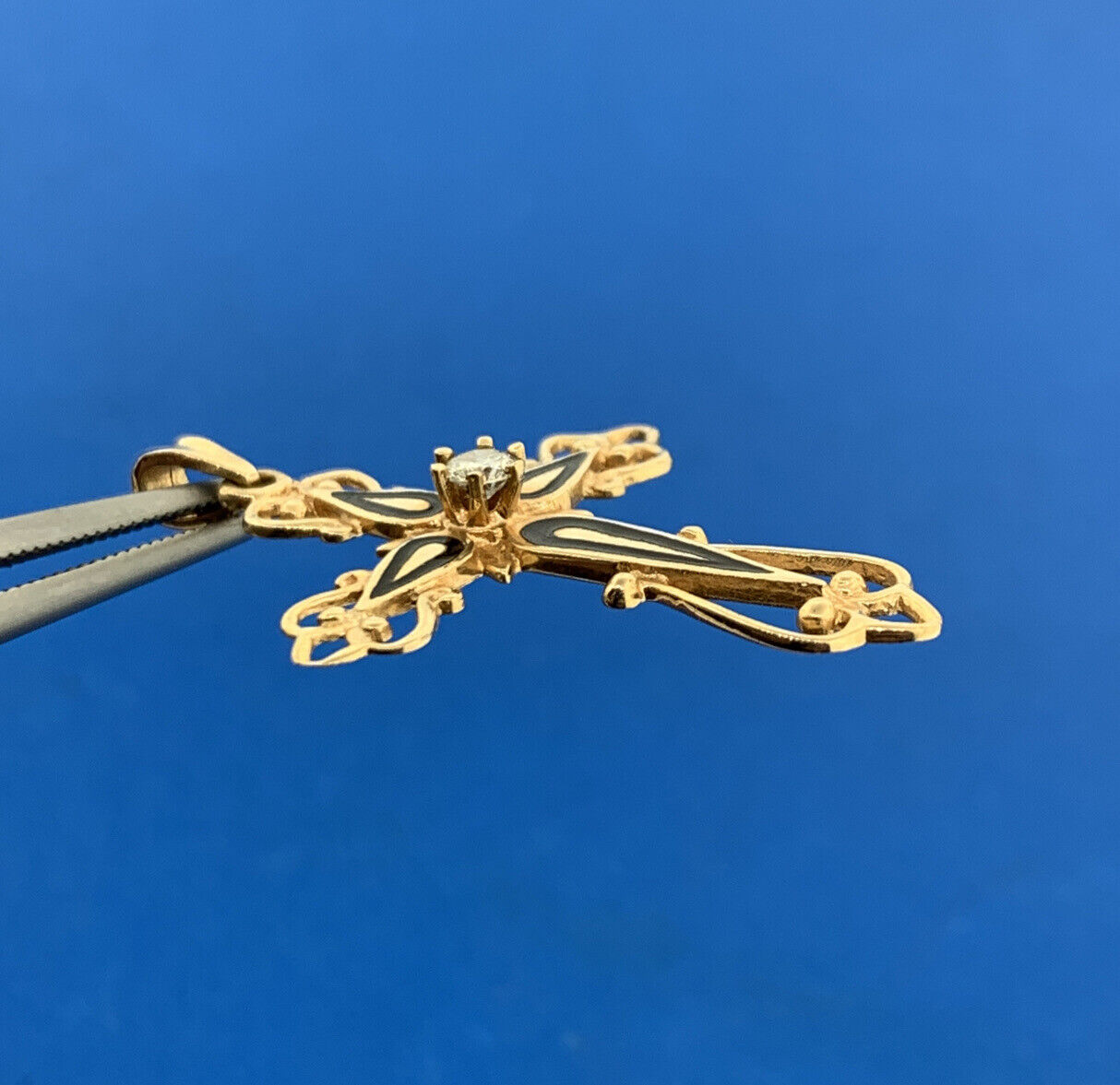 Retro 14K Yellow Gold Diamond Black Enamel Scroll Cross Religious Pendant