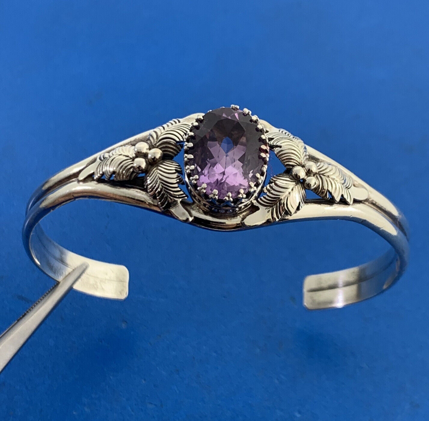 Vintage Native American E D 925 Sterling Silver Oval Amethyst Cuff Bracelet