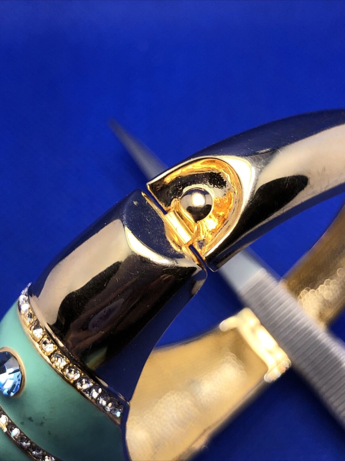 Designer Gold-Tone Teal Enamel Rhinestone Statement Hinged Cuff Bracelet