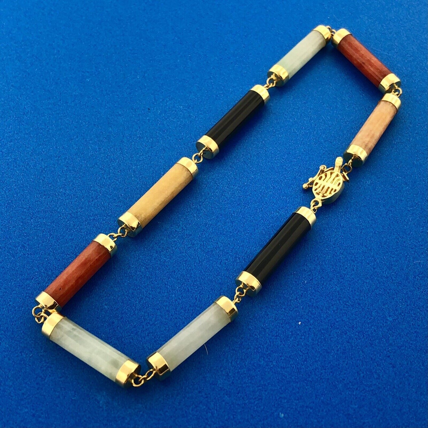 Estate 14K Yellow Gold Coral Black Onyx Jasper Jade Mixed Tubular Bead Bracelet