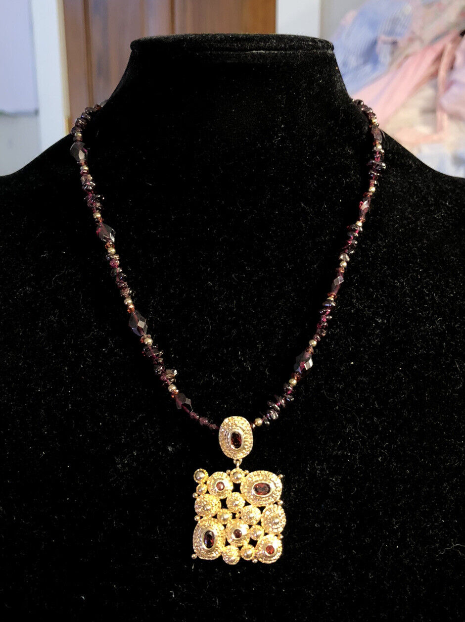 Vintage 925 Sterling Silver Gold Vermeil Amethyst Beaded Garnet Necklace