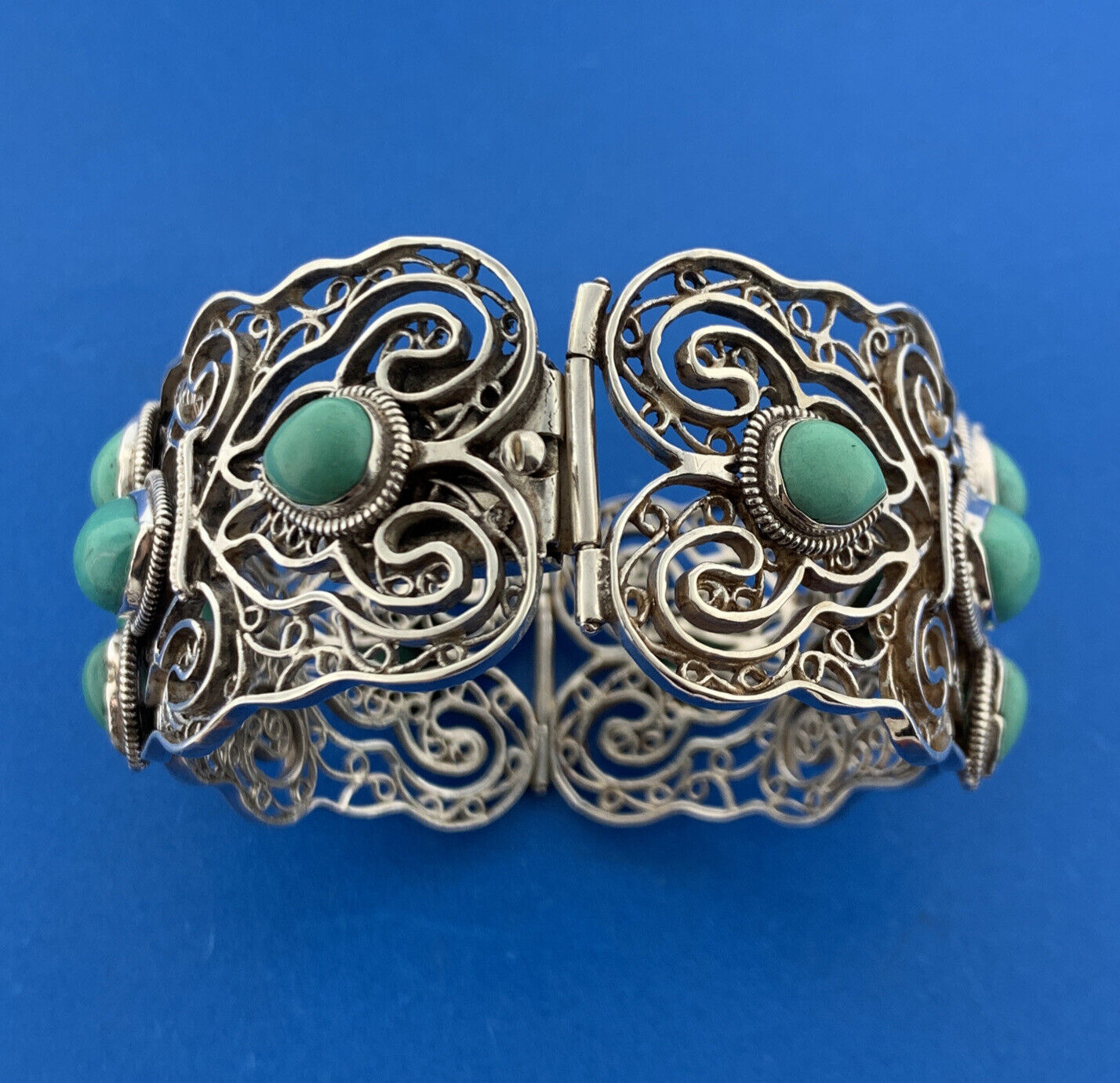 Designer Sterling Silver Turquoise Open Filigree Statement Hinged Cuff Bracelet