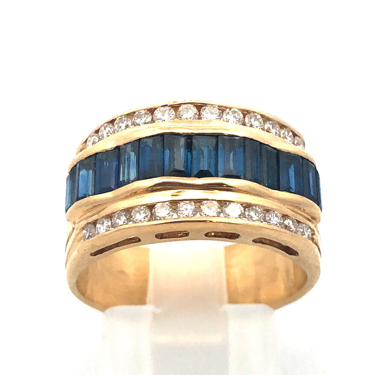 Vintage 14K Yellow Gold Sapphire Diamond Wedding Anniversary Wide Band Ring