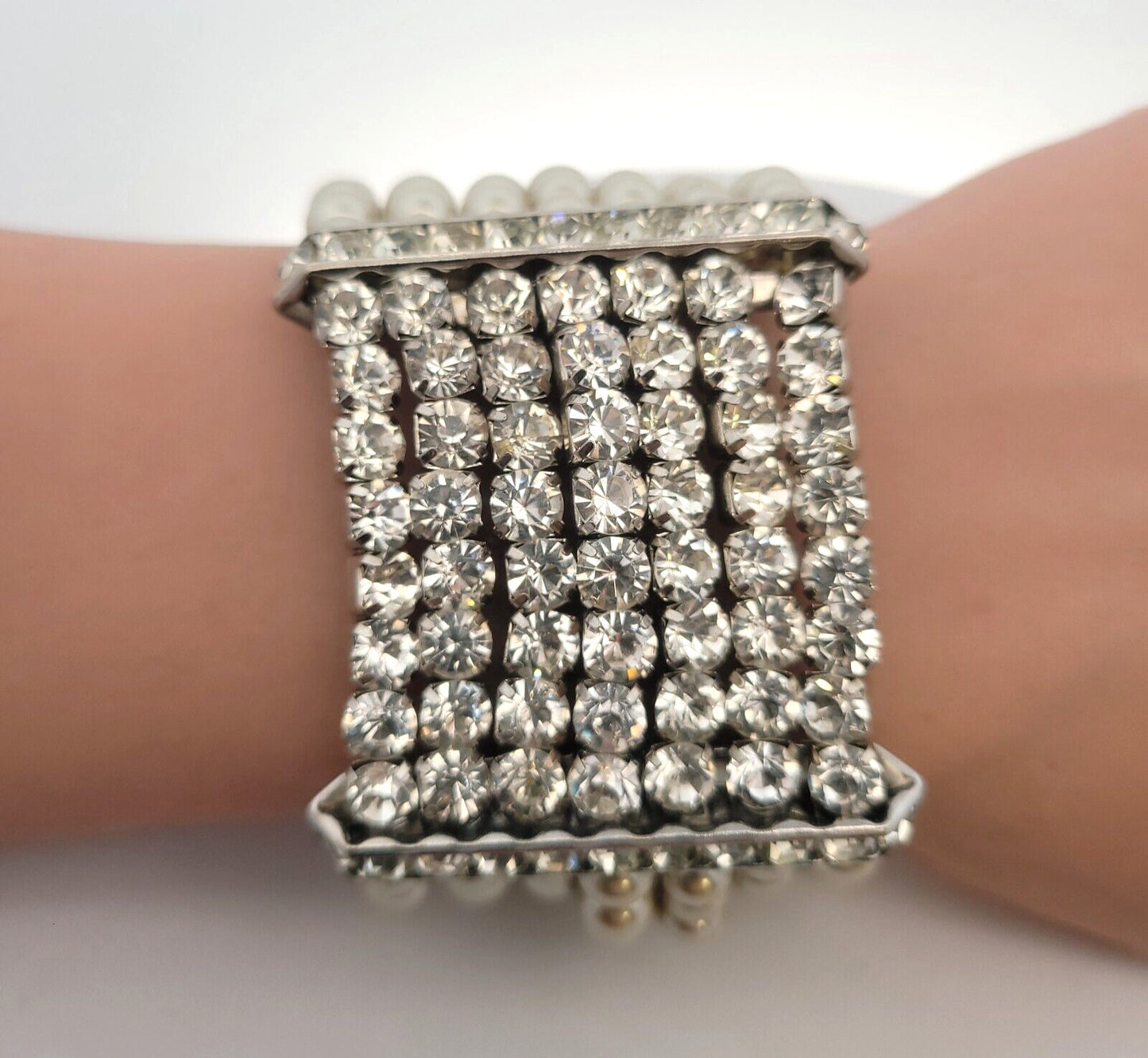 Vintage Runway Couture Silver Tone Faux Pearl Rhinestone Statement Cuff Bracelet