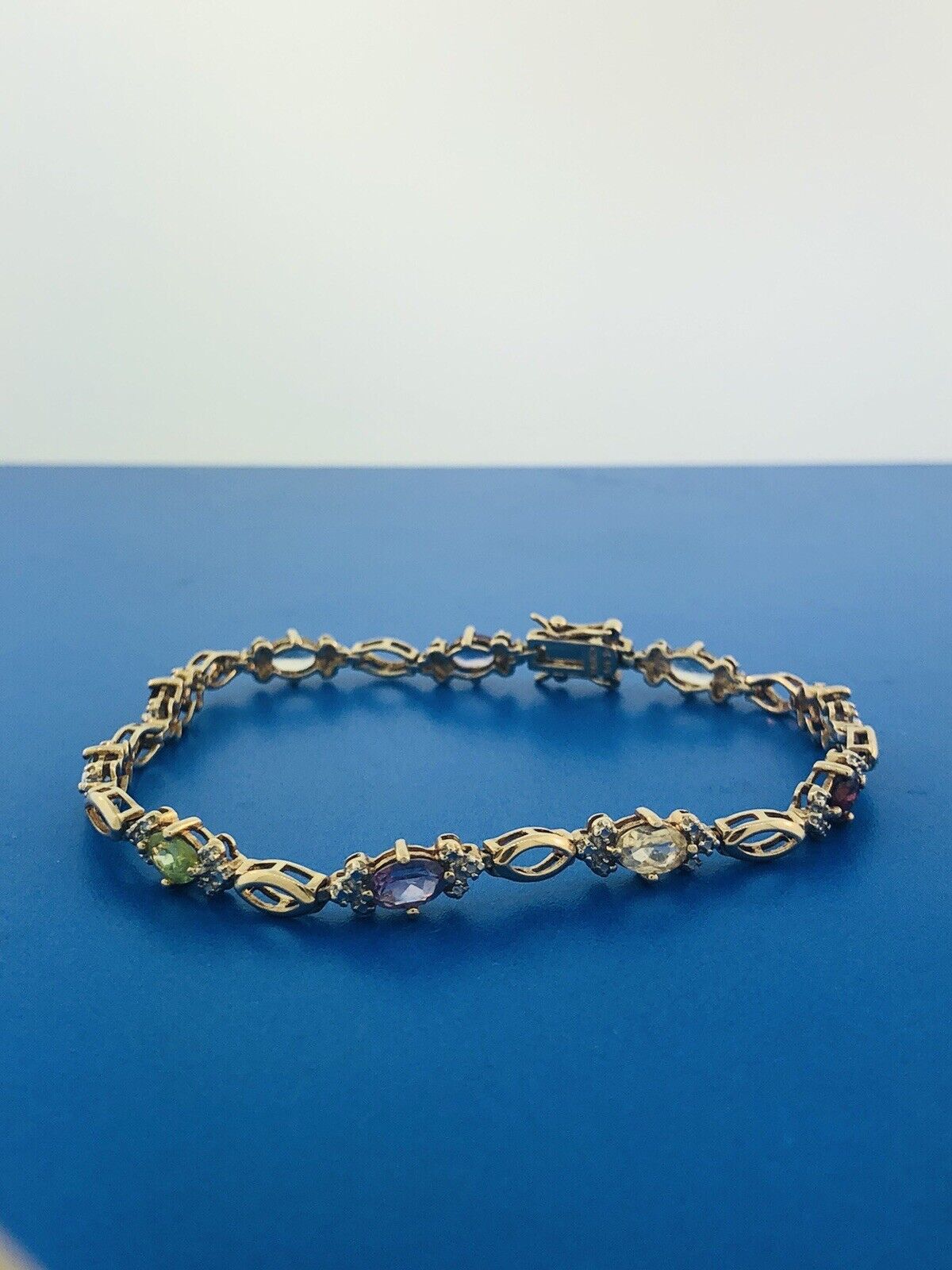 Sterling Silver 925 Vermeil Oval Multi-Gem Station Tennis Bracelet