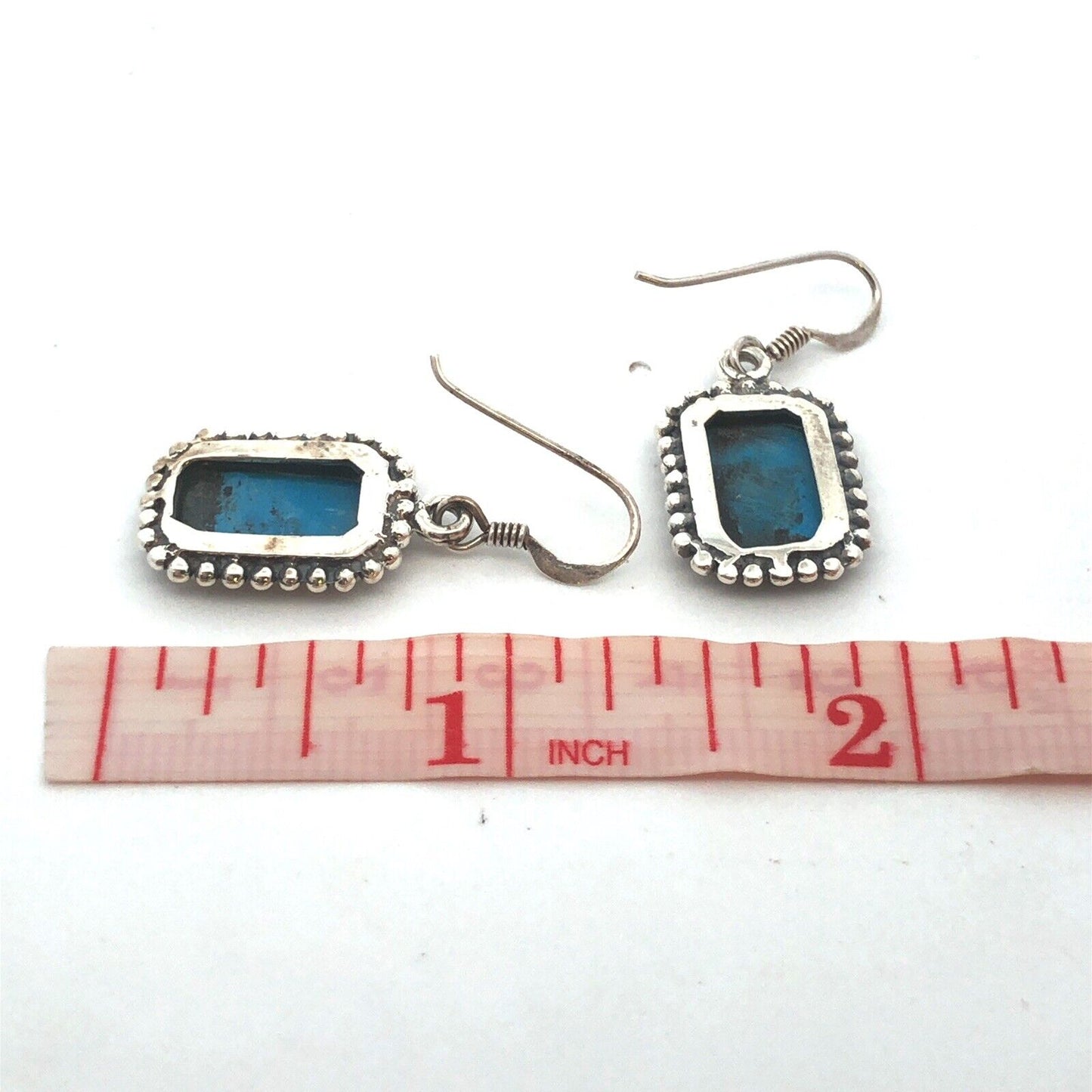 925 Sterling Silver Vintage Rectangle Turquoise Dangle Hook Earrings