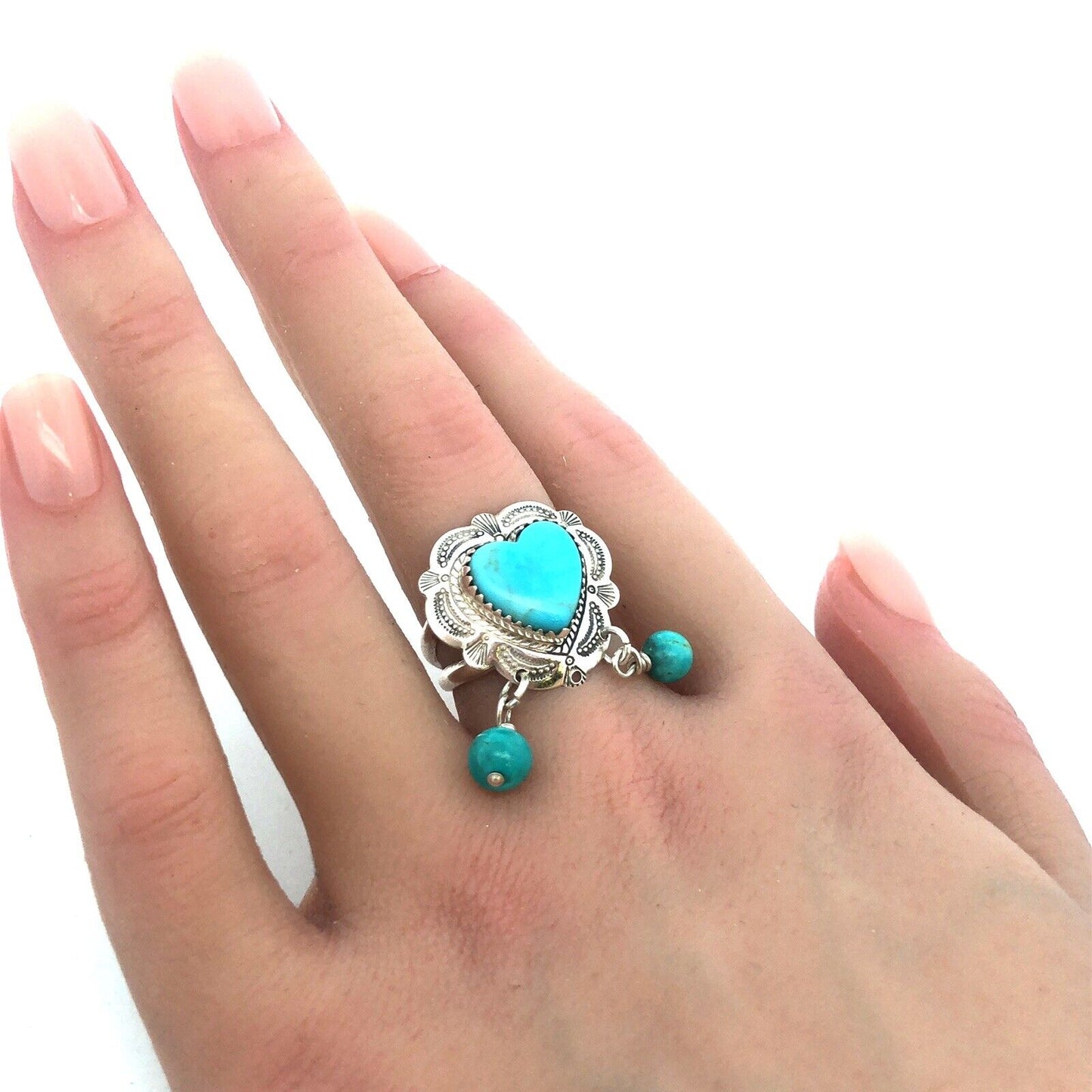 Native American QT 925 Sterling Silver Heart Turquoise Dangle Bead Charm Ring