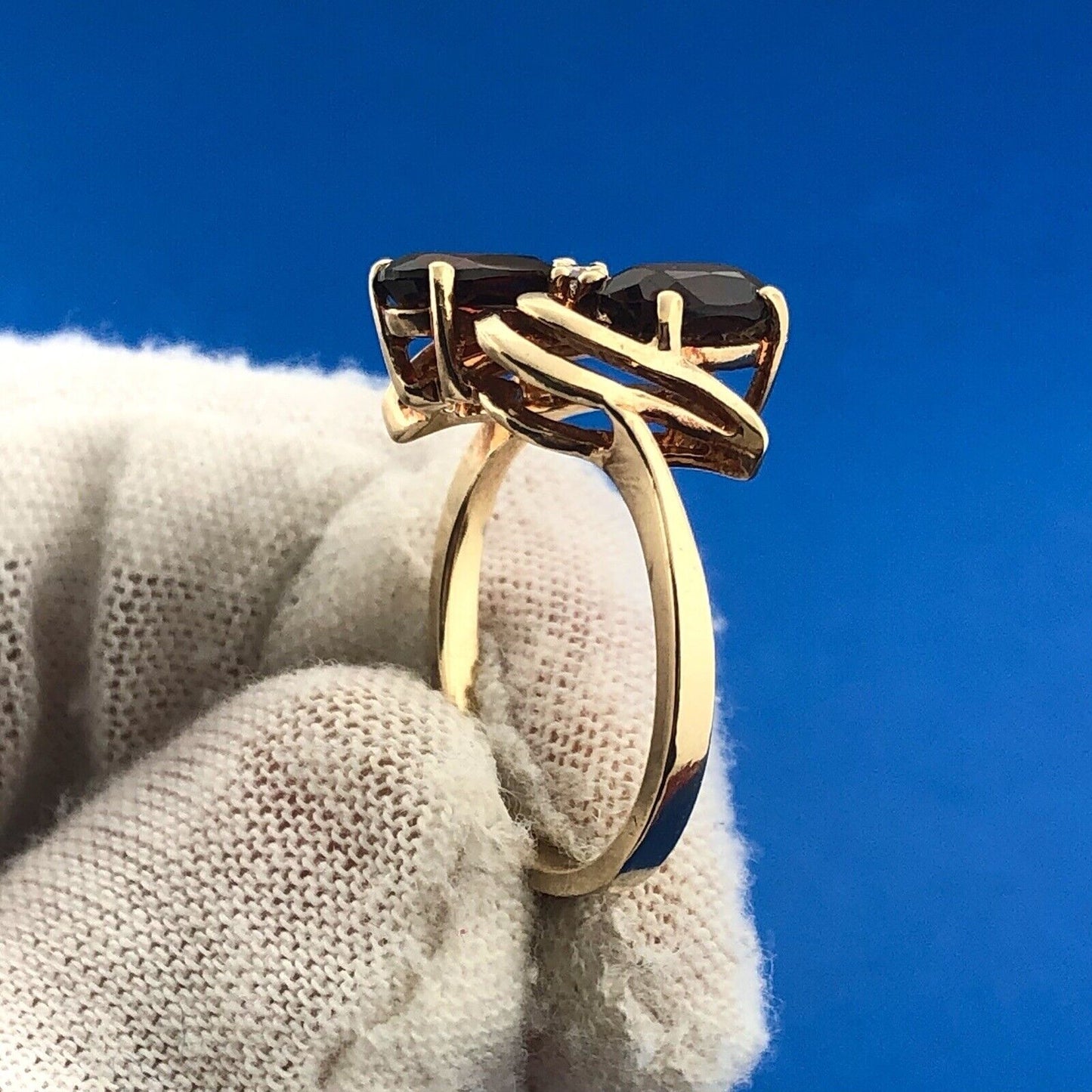 Retro Designer 10K Yellow Gold Garnet Diamond January Anniversary Bypass Ring