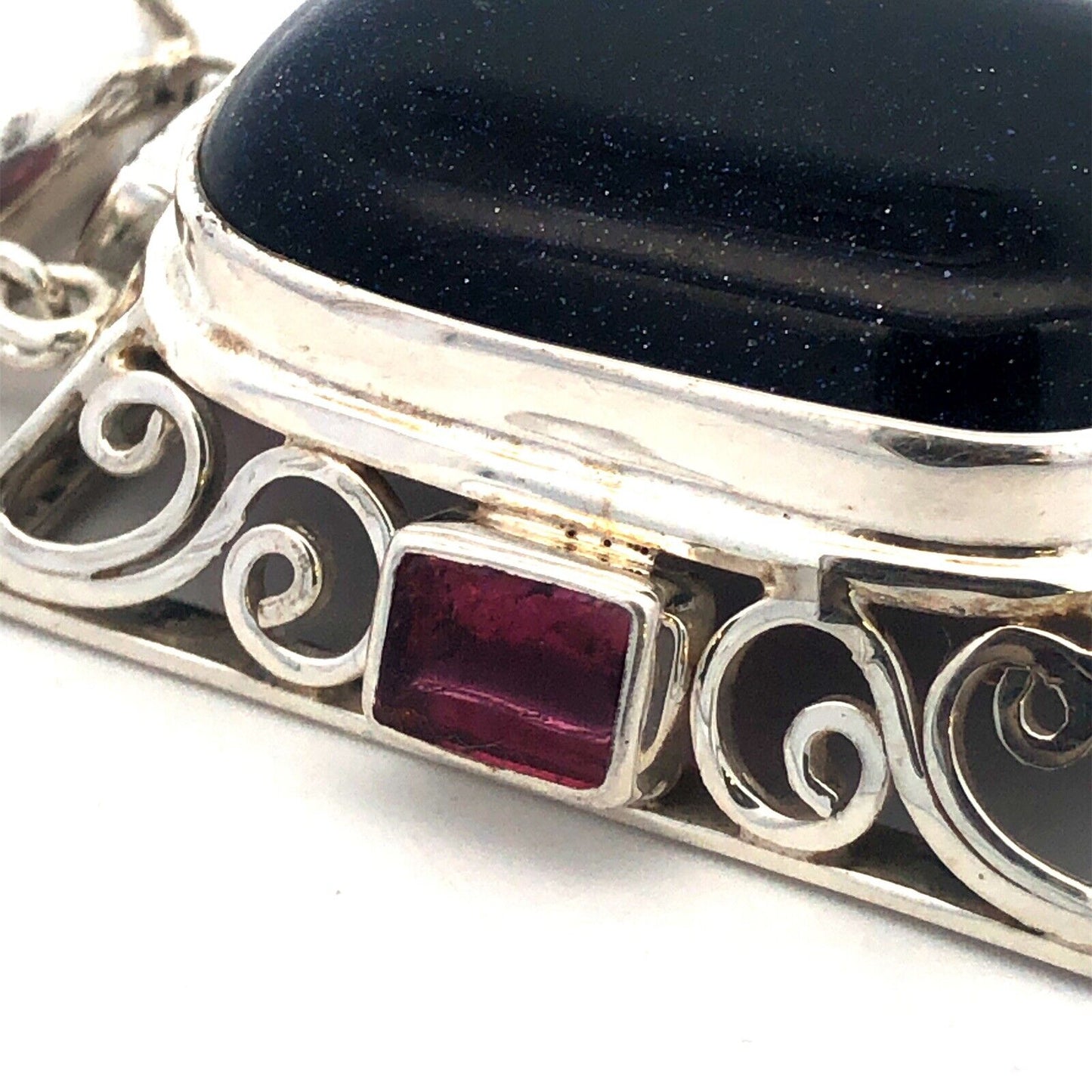 Estate 925 Sterling Silver Rectangle Blue Sandstone Amethyst Statement Pendant
