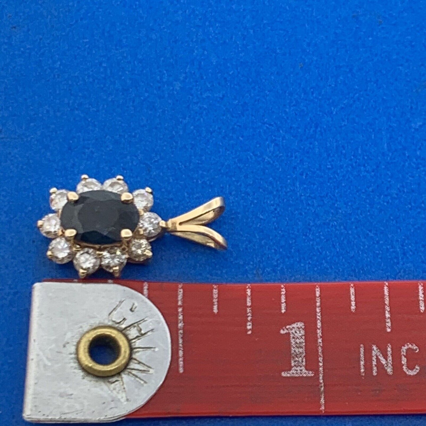 14K Yellow Gold Oval Blue Sapphire Diamond Halo Pendant