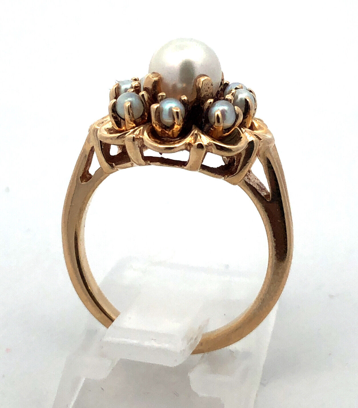 Vintage 14K Yellow Gold Pearl Solitaire With Pearl Halo Anniversary Ring