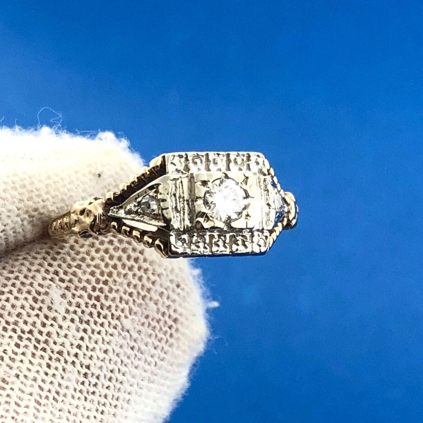 Art Deco 14K White Yellow Gold Diamond Accented Etruscan Style Engagement Ring