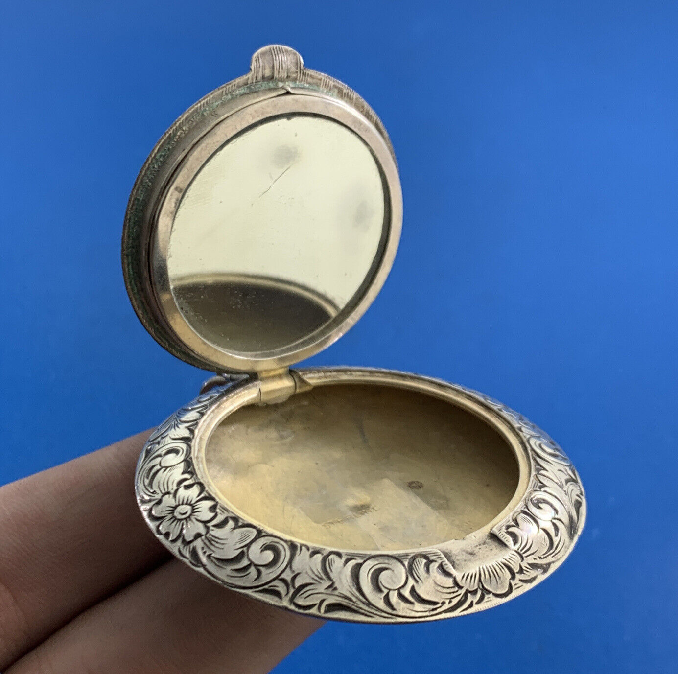 Monogrammed RNC 925 Sterling Silver Floral Scroll Compact With Silver Tone Chain
