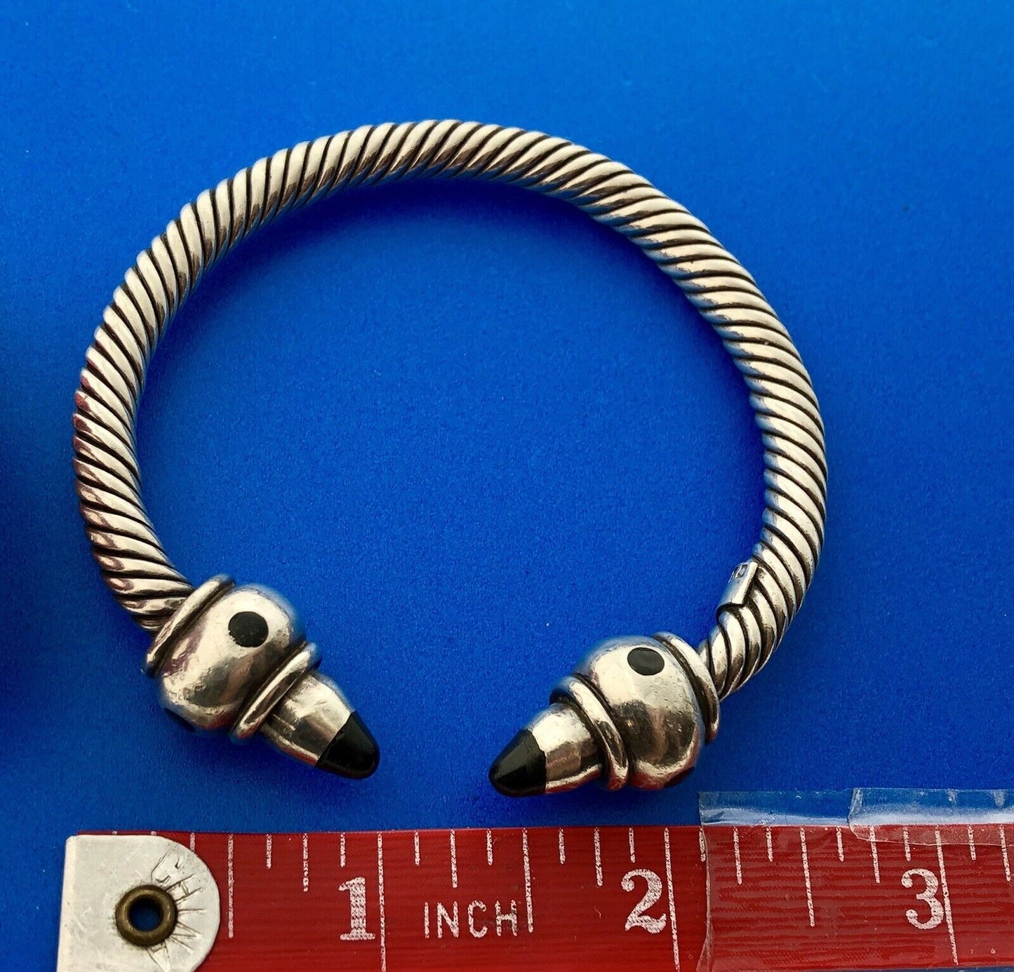 Vintage Taxco Mexico AT Sterling Silver Black Onyx Cable Statement Cuff Bracelet