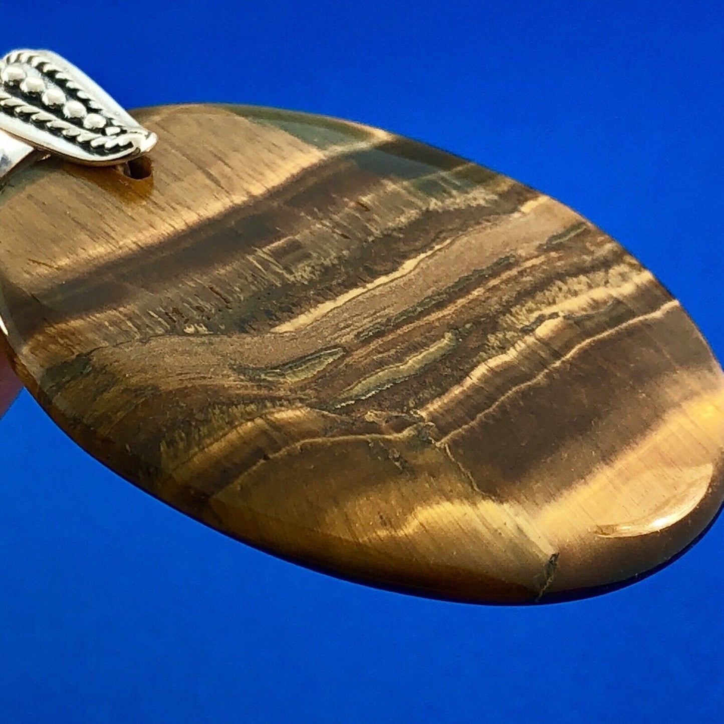 Retro 925 Sterling Silver Tiger Eye Worry Stone Chakra Statement Pendant