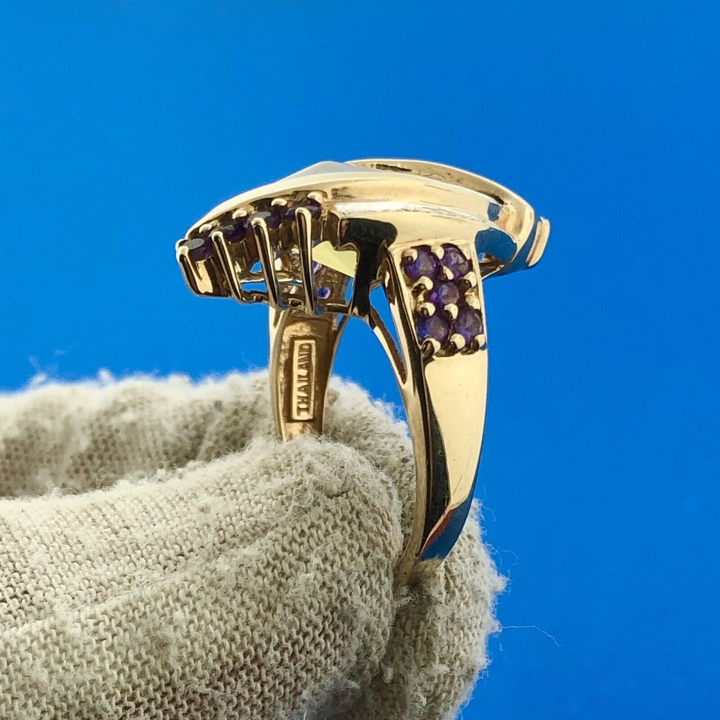 10k Yellow Gold Faceted Citrine Amethyst Diamond Accent Evil Eye Cocktail Ring