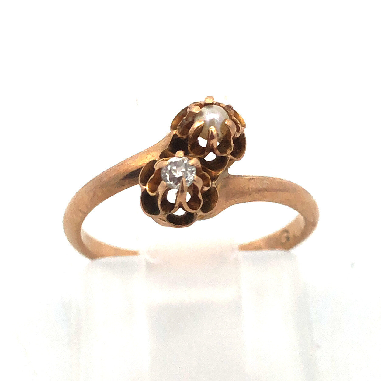 Vintage 10K Yellow Gold Diamond Pearl Bypass Sweetheart Promise Ring Size 3.4