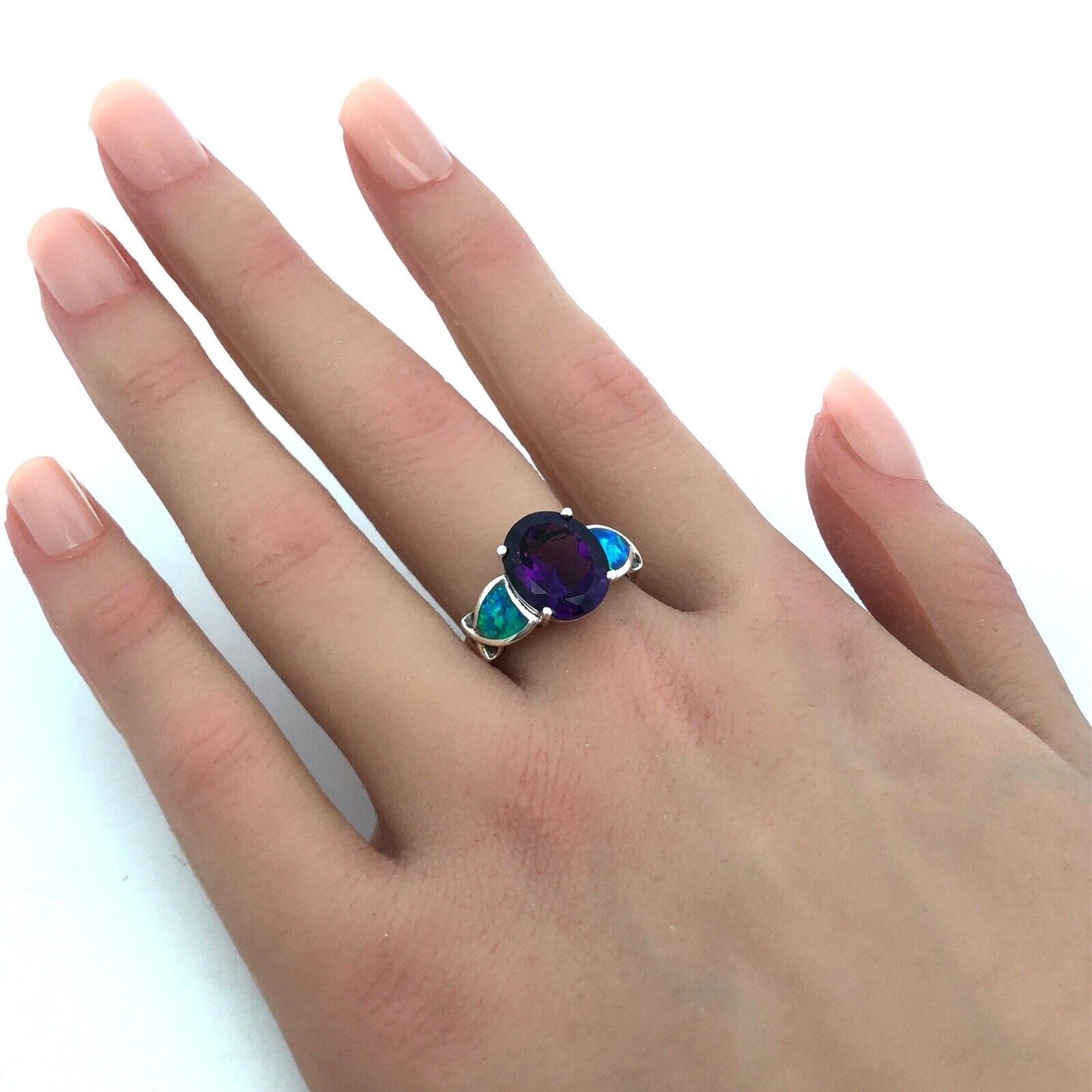 Designer 925 Sterling Silver Oval Amethyst Opal Doublet Accented Statement Ring
