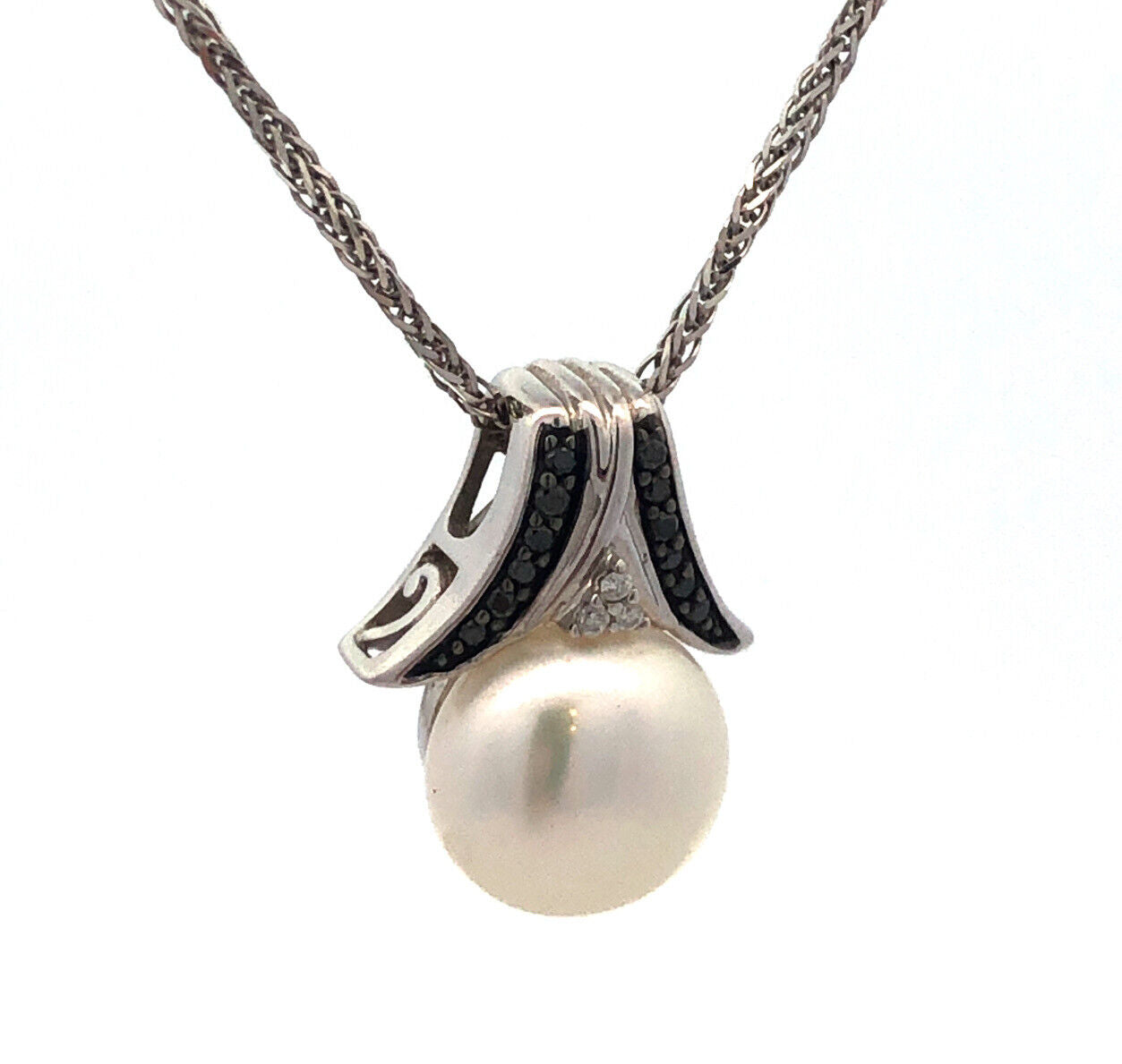 Elegant 14K White Gold Pearl Diamond Black Diamond Bridal Pendant Necklace