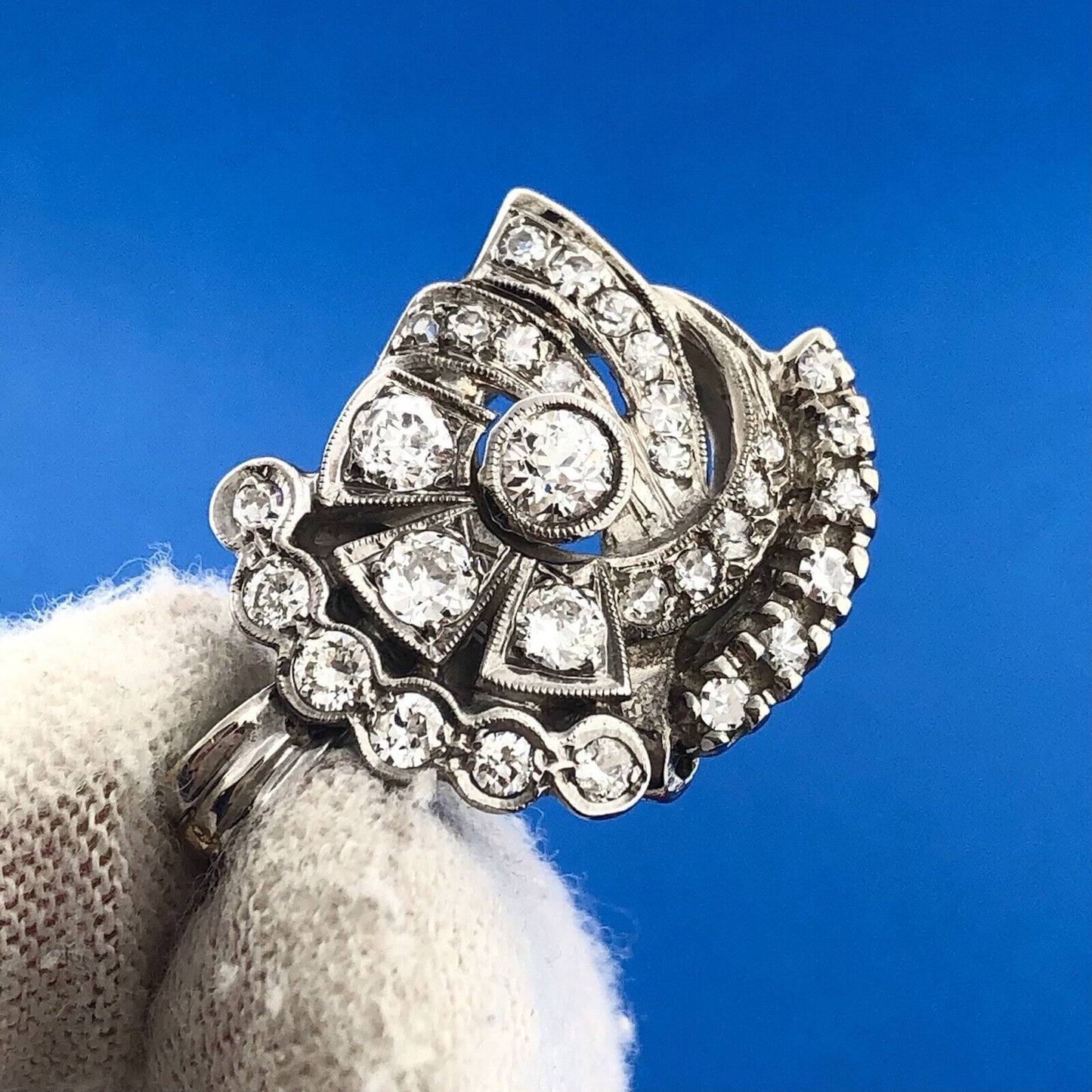 Vintage Art Deco 14K White Gold Diamond Flower Cluster Enhancer Pendant Stunning