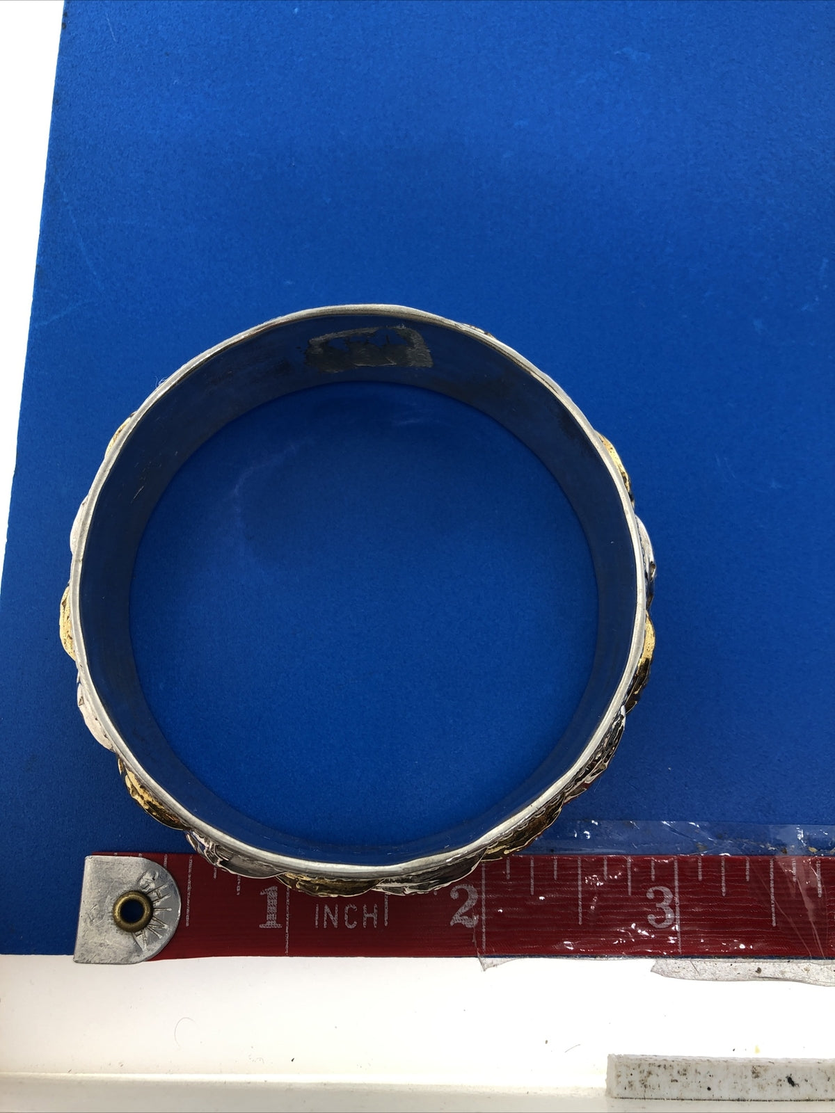 Artisan Two Tone Silver Plate Brass Stamped Beaded Wide Bangle Bracelet