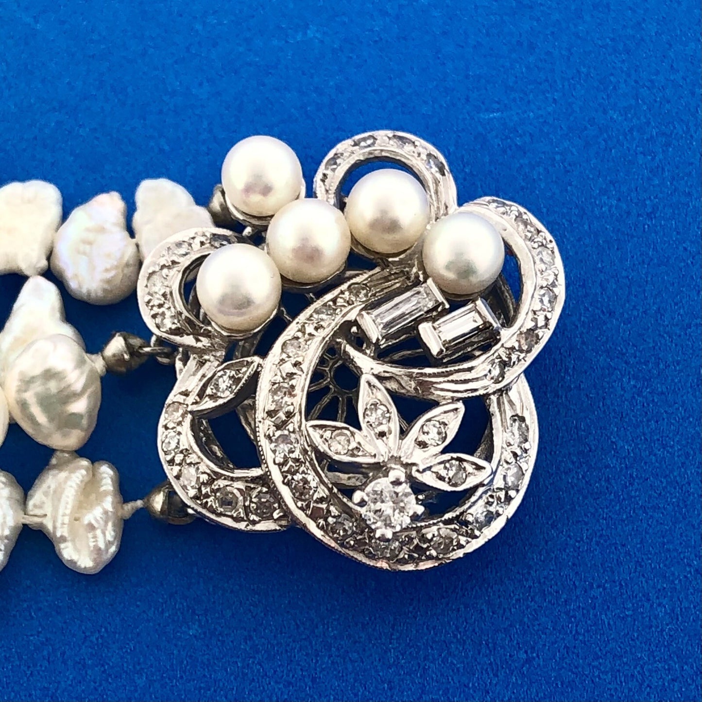Gorgeous 14k White Gold Diamond Pearl & Keshi Pearl 4 Strand Statement Necklace